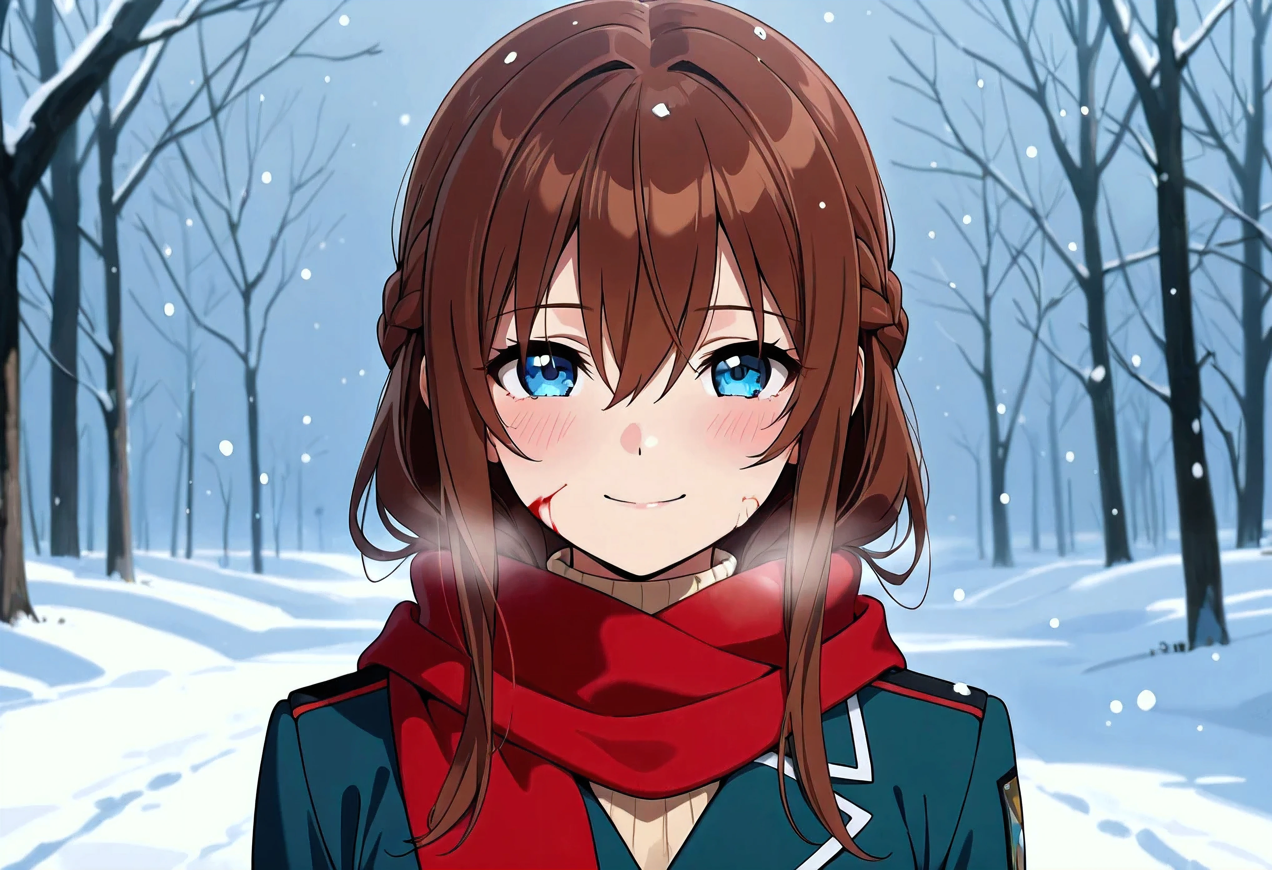 hight resolution,Anime girl with glowing green eyes, glowing eyes, standing in snow, looking into camera, smirking, long brown hair, dark shadow over face, night time, blood splatter on face, spikey long hair, dark brown