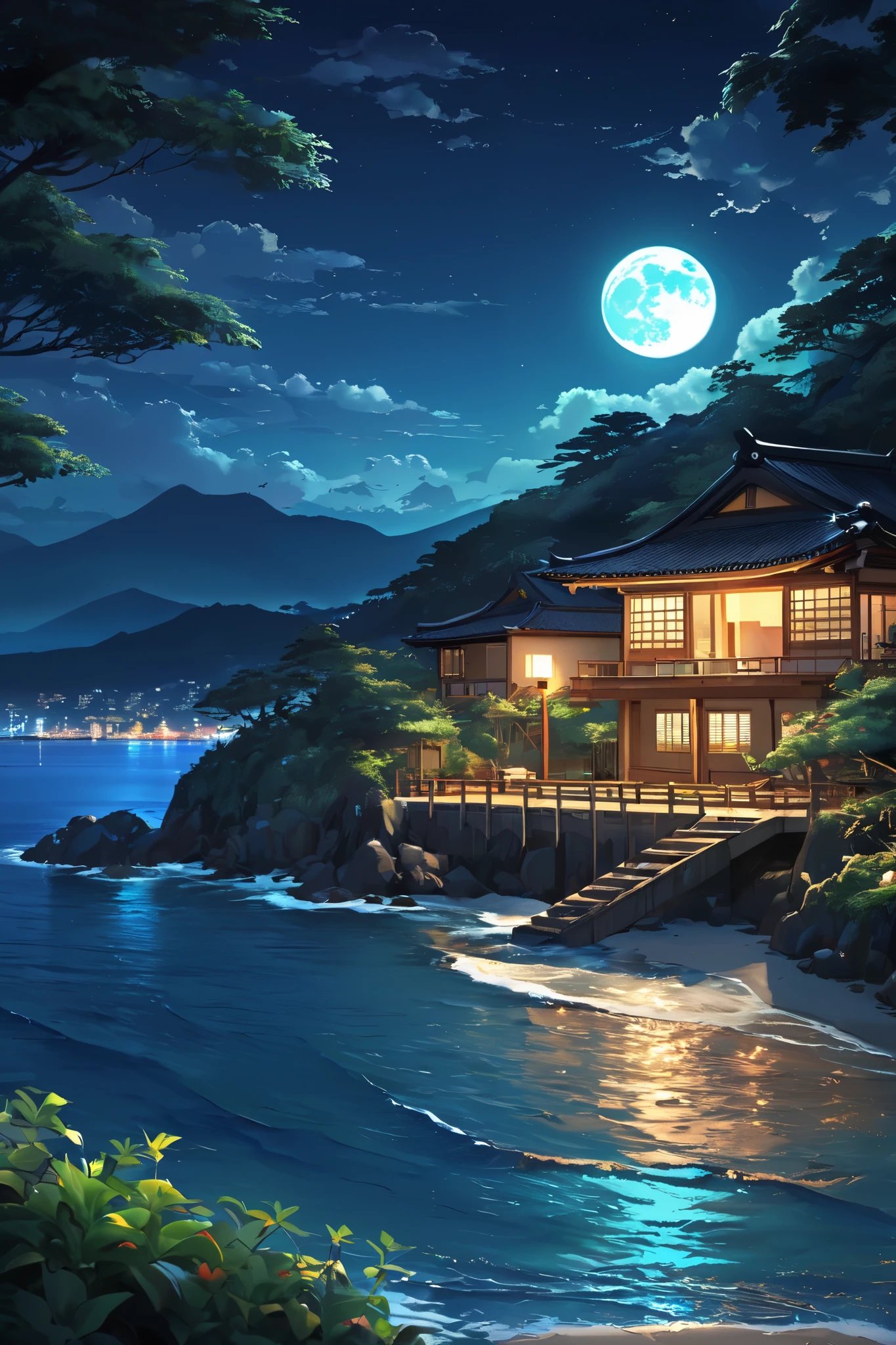high definition , Asian scene at night with a house , night viewとともに, , moon, Seaside in the foreground , Quiet Night, Green and Blue, digital illustration , 4K highly detailed digital art, night view, Anime Art Wallpaper 4K, Anime Art Wallpaper 4K , 4K detailed digital art , natural scenery at night , Anime Art Wallpaper 8K , Background artwork, beautiful 4K art , 4k HD illustration wallpaper