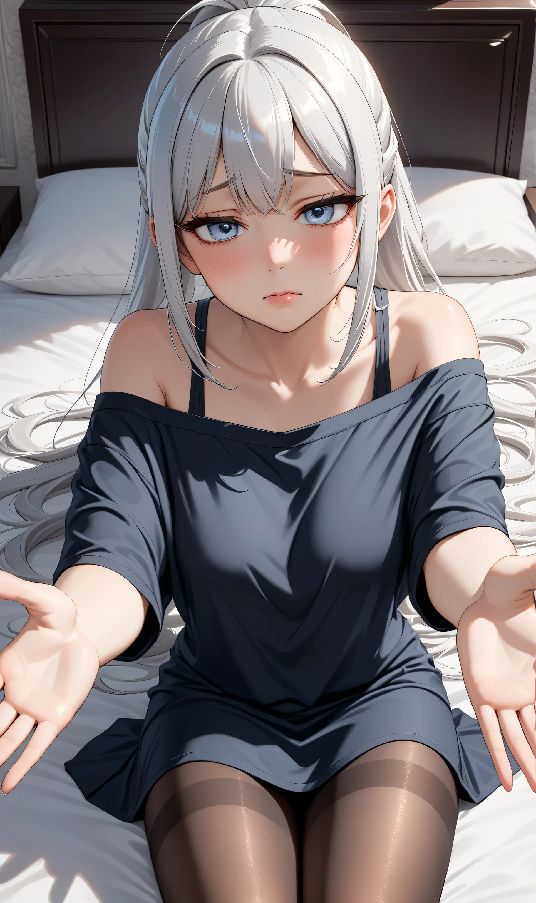 Upper body ((Ultra detailing)), (very aesthetic, best quality, ultra detailed), intricate details, 1girl, silver hair, silver eyes,((Detailed eyes)), ((Beautifull eyes)), ((prefect eyes)), long hair, ponytail, shy, Licking her lips, Blush , (Disgusted look: 1.2), (Wearing oversize T-shirt, off-Shoulder,Skirt, pantyhose), On the bed, Incoming hug and kiss