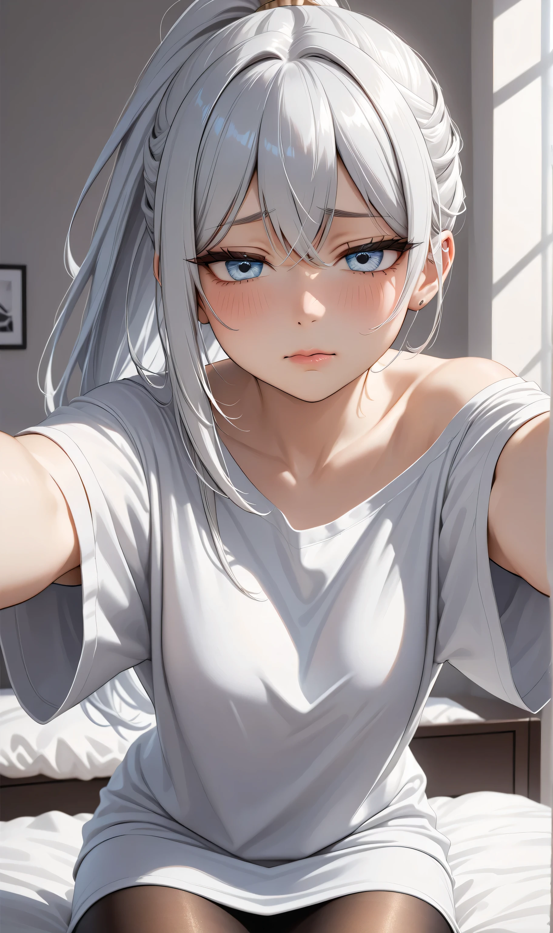 Upper body ((Ultra detailing)), (very aesthetic, best quality, ultra detailed), intricate details, 1girl, silver hair, silver eyes,((Detailed eyes)), ((Beautifull eyes)), ((prefect eyes)), long hair, ponytail, shy, Licking her lips, Blush , (Disgusted look: 1.2), (Wearing oversize T-shirt, off-Shoulder,Skirt, pantyhose), On the bed, Incoming hug and kiss