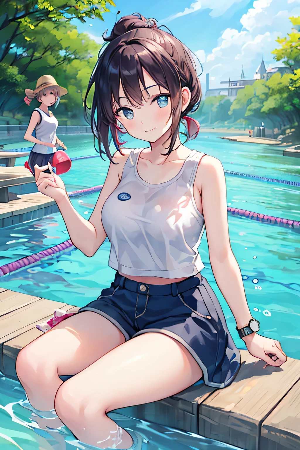 photorealism, highest quality, ultra high resolution, photograph, exquisitely beautiful photograph, extraordinary beauty, cheek gloss highlight, perfect body, biologically accurate, cute and beautiful face details, (face to face with the children_v1: 0.008), beautiful bangs, shining white skin, between the eyes, beautifulglossy hair, smooth hair, thin hair, high resolution eyes, beautiful, Bright and transparent, Big eyes that shine charmingly, eyeliner, double eyelid, beautiful legs, face focus:1.3,  (From the side:1.2), neat woman, 25 years ago, 1 person, (enchanting smile: 1.2), ((innocent and cute girl:1.3)), (Shiny short straight hair), (light brown hair:1.2), (cute longer t-shirt:1.6), ((Entrance)), ((sitting and putting on sneakers, running wear, running shorts, short pants)),  ((very close relationship: 1.2)), (:1.3),((looking at the viewer:1.2)), embarrassed look,