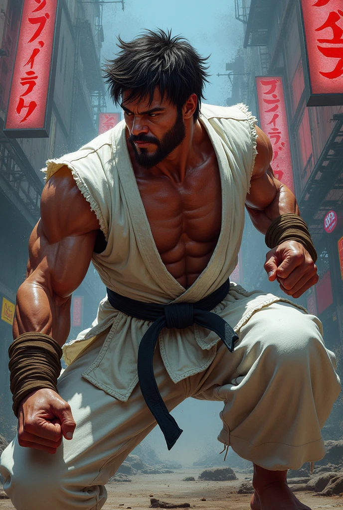 sexy mature daddy, tanned-skin, big bulge, darker skin, stubble, muscular, best quality, masterpiece, super high resolution, detailed background, realism, illustrations, single, 1 boy, torii, muscle, volumetric lighting, depth of field, facial hair, ryu, white clothes, black belt, light particles, massive bulge, starry sky, martial artist, sweating, short hair, perfect eyes, bare feet