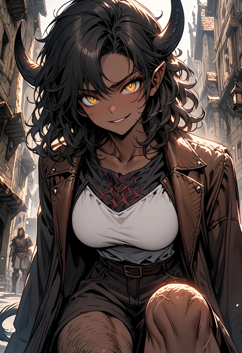 (Masterpiece) (High Detail) (High Res) (Black Skin) Looking from above A young black humanoid FutEred with dark skin and ebony flesh and green eyes and short black hair and goat ears and short dark goat horns and a toned teen body and small to average breasts dressed like a punk wearing a red jacket with her shoulders exposed and ripped up jeans and lots of chains and jewelry