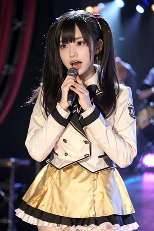 (masterpiece,best quality:1.4),absurdres:1.3,((8k)),((high resolution:1.5)),(raw photo,photo realistic:1.2),(shiny skin),extremely detailed skin,detailed face,detailed eyes,sparkling eyes,Detailed hand,Detailed Hair,Detailed Background,,1girl,upper body,Japanese idol,Elaborate design,extremely beautiful face,brown hair,Hair ornament, fair-skinned ,random hairstyle,(detailed ldol uniform,),Indoor,Concert ball, idol's dressing room , holding microphone, pretty girl singing,,nsfw,Lace panties are visible.,大きく足を開く,座る,胸をズーム,Detailed Idolmaster Costumes