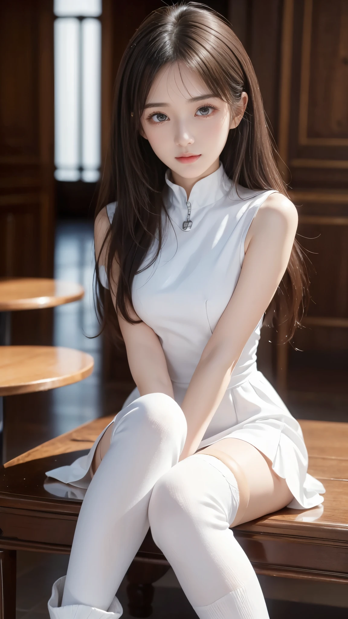 Master work, hyper-detailed, high-quality, a woman sitting on a bench, ultra-detailed face, beautiful face, design sense top, white hip wrapped skirt, flesh-colored stockings, legs crossed, cute and elegant pose, quarter-point shot, popular in CGSTATION, Korean female fashion model, blurred background, symmetrical center