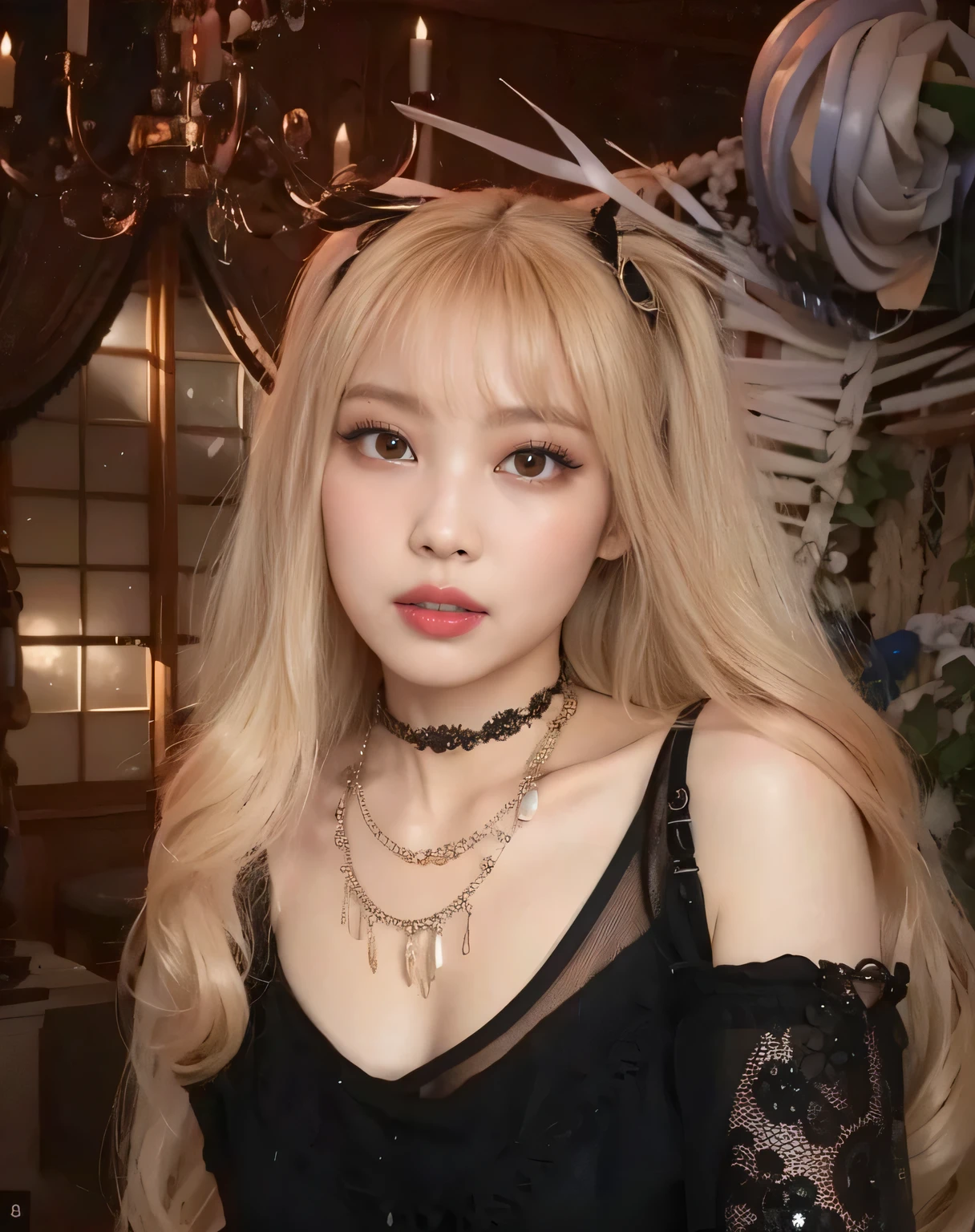a close up of a woman with long blonde hair wearing a plaid shirt, lalisa manobal, lalisa manoban of blackpink, roseanne park of blackpink, portrait of jossi of blackpink, long white hair and bangs, ulzzang, jossi of blackpink, long hair with full bangs, long hair with bangs, with bangs, with full bangs