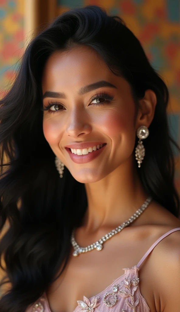 Beautiful latina brunette young lady, light dress, poses confidently in the heart of the bustling city. Her long, wavy chestnut hair cascades down her back, framing her elegant features. Expressive brown eyes gazing directly at the viewer. Her bare shoulders glisten in the sunlight, adorned with a delicate necklace that highlights the curve of her neck. Her rosy lips are parted slightly, revealing a hint of a playful smile.