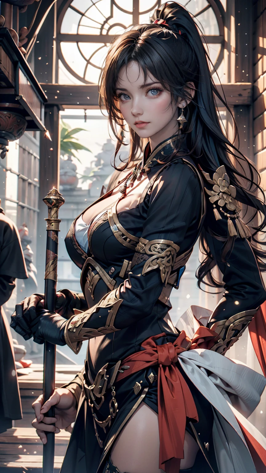 (Highest quality), Detailed Background, Oriental nobility,Warrior Girl,Martial Arts,has a halberd,They are, Monster Army