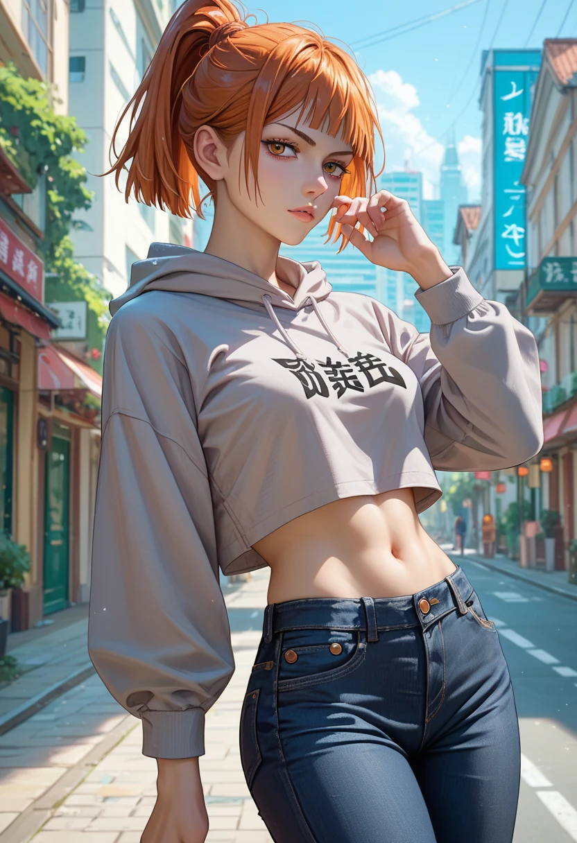 fantasy Neon colored night view of a beautiful futuristic city Top Masterpieces、anime「Jujutsu Kaisen」Touch of ( orange hair ponytail Short Bob beautiful adult makeup grey hoodie、BLACK TIGHT SKINNY JEANS 、Very ingrained crotch、Pose coolly