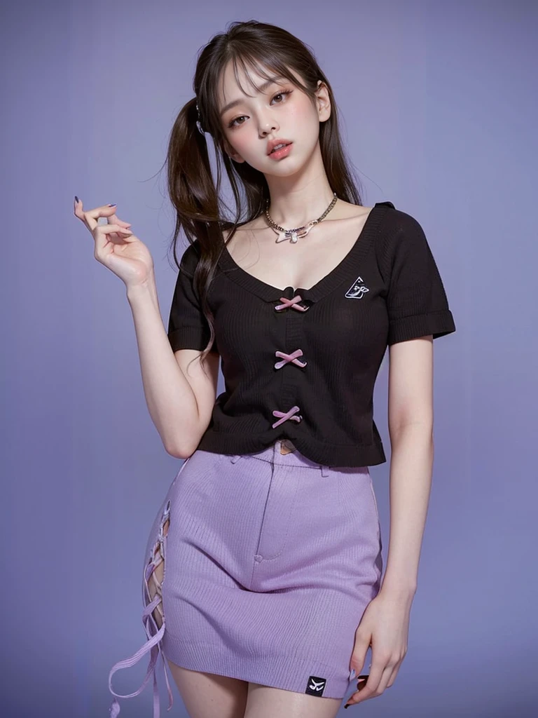   black Pink jennie  ,    almond-shaped eyes ,       full lips  ,   big and voluptuous breasts .   flirty look  . no bangs  