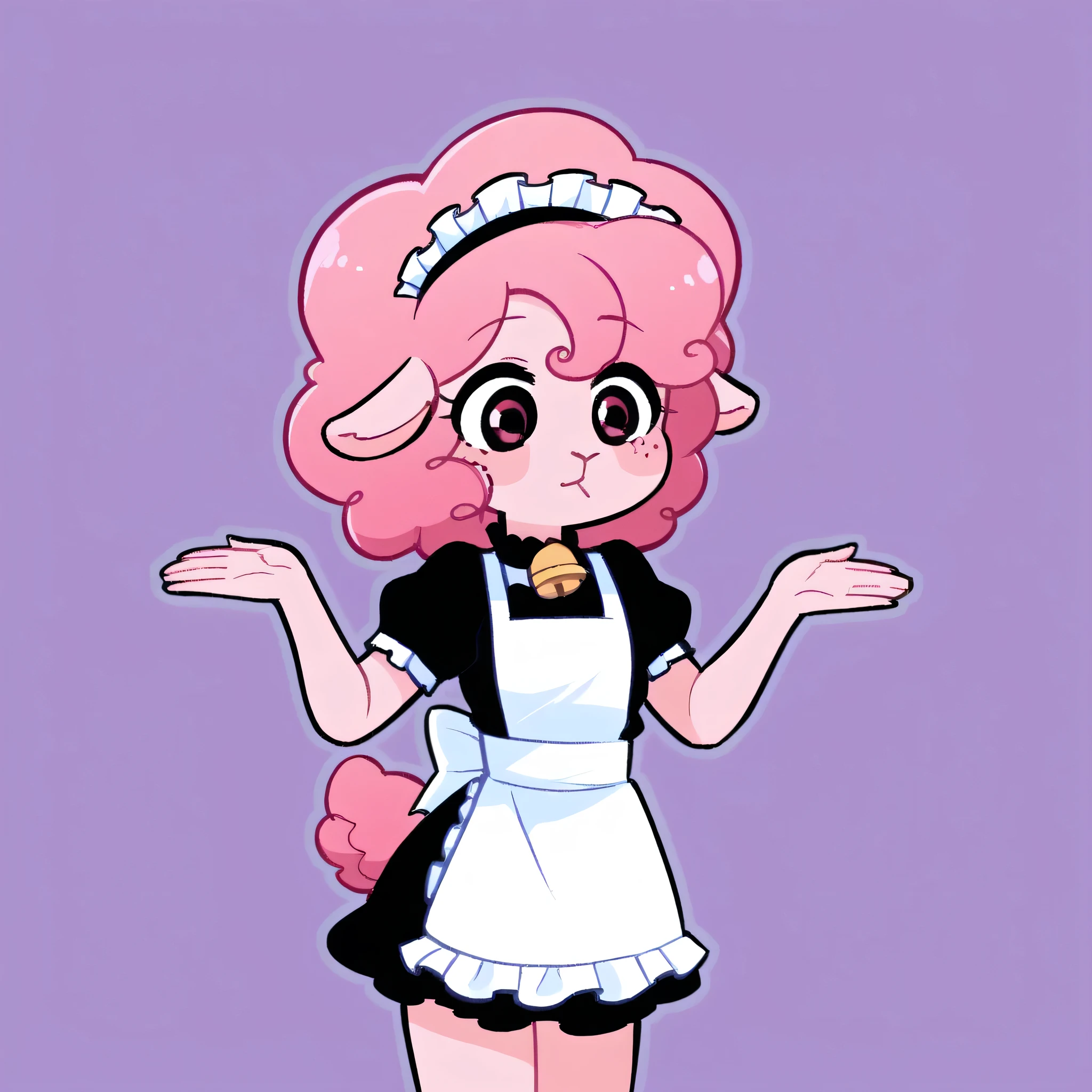 better quality, very detailed illustration ( Anthropomorphic furry sheep:1,7) , femboy, ruffled voluminous bouncy hair , delgado, ideal body, simple drawing, Artifyber style , pastel flat colors , beautiful, cartoon ,solo,baker, short curly pink hair, maid clothes, frilly apron, fluffy curly tail, sheep ears, bell collar, ram horns, arms up and shrugging