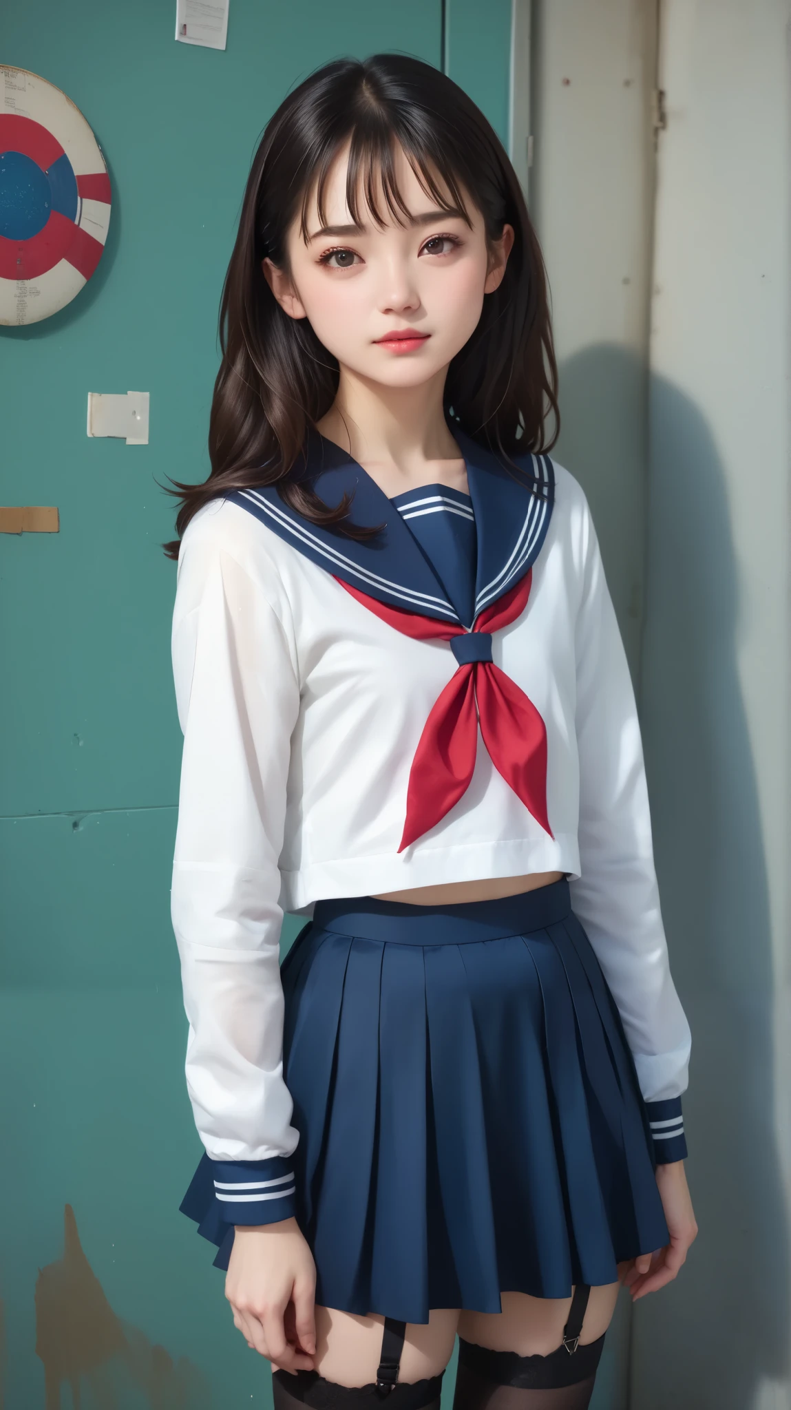 very realistic pictures, RAW photos , super realistic , film grain, sailor suit , university student,young, cute girl,Masterpiece,4K,8k,16k, skirt :1.5、 black stockings、 black garter belt 、Love Across Time and Space