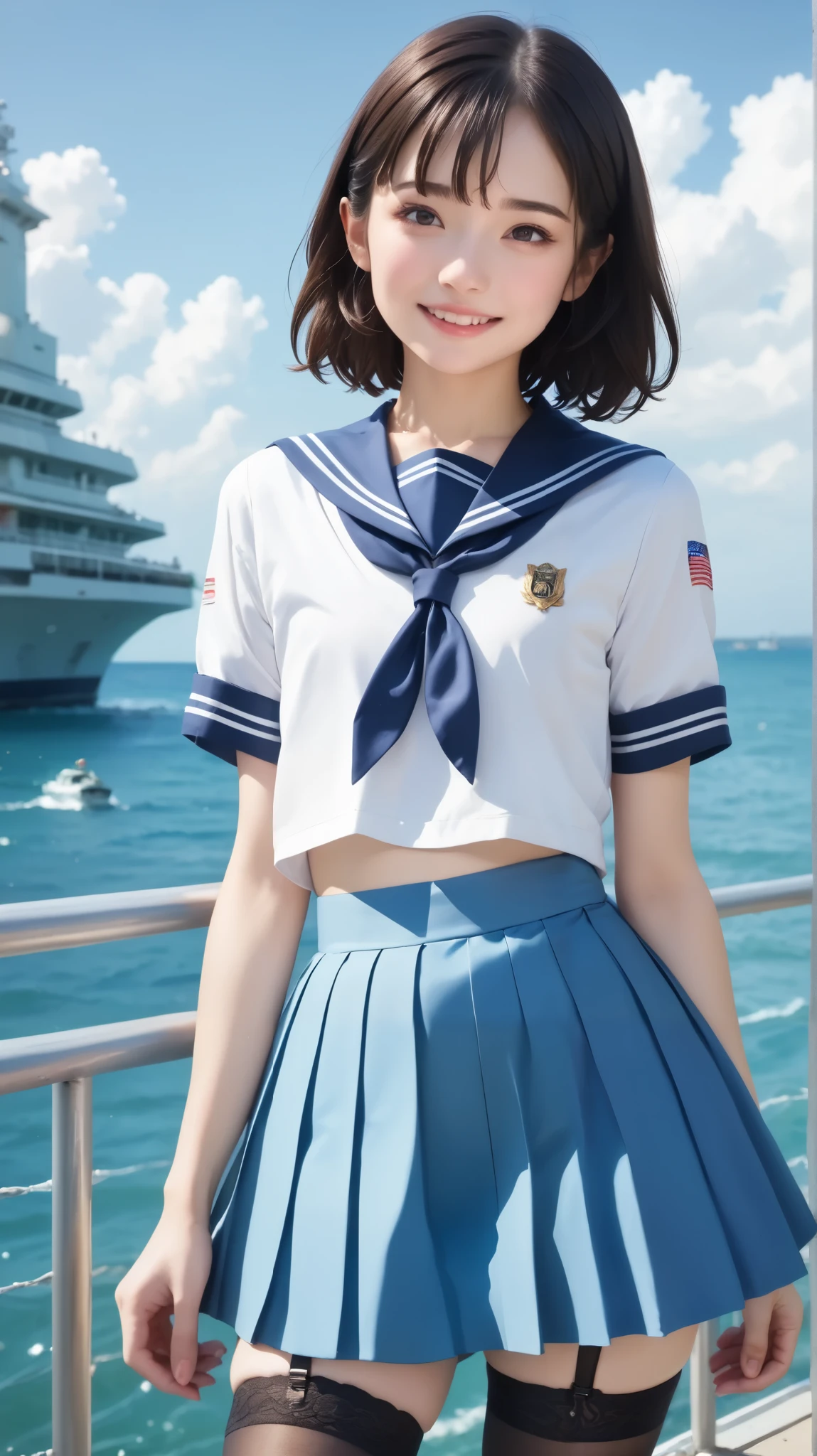 very realistic pictures, RAW photos , super realistic , film grain, sailor suit , university student,young, cute girl,Masterpiece,4K,8k,16k, skirt :1.5、 black stockings、 black garter belt 、Love Across Time and Space