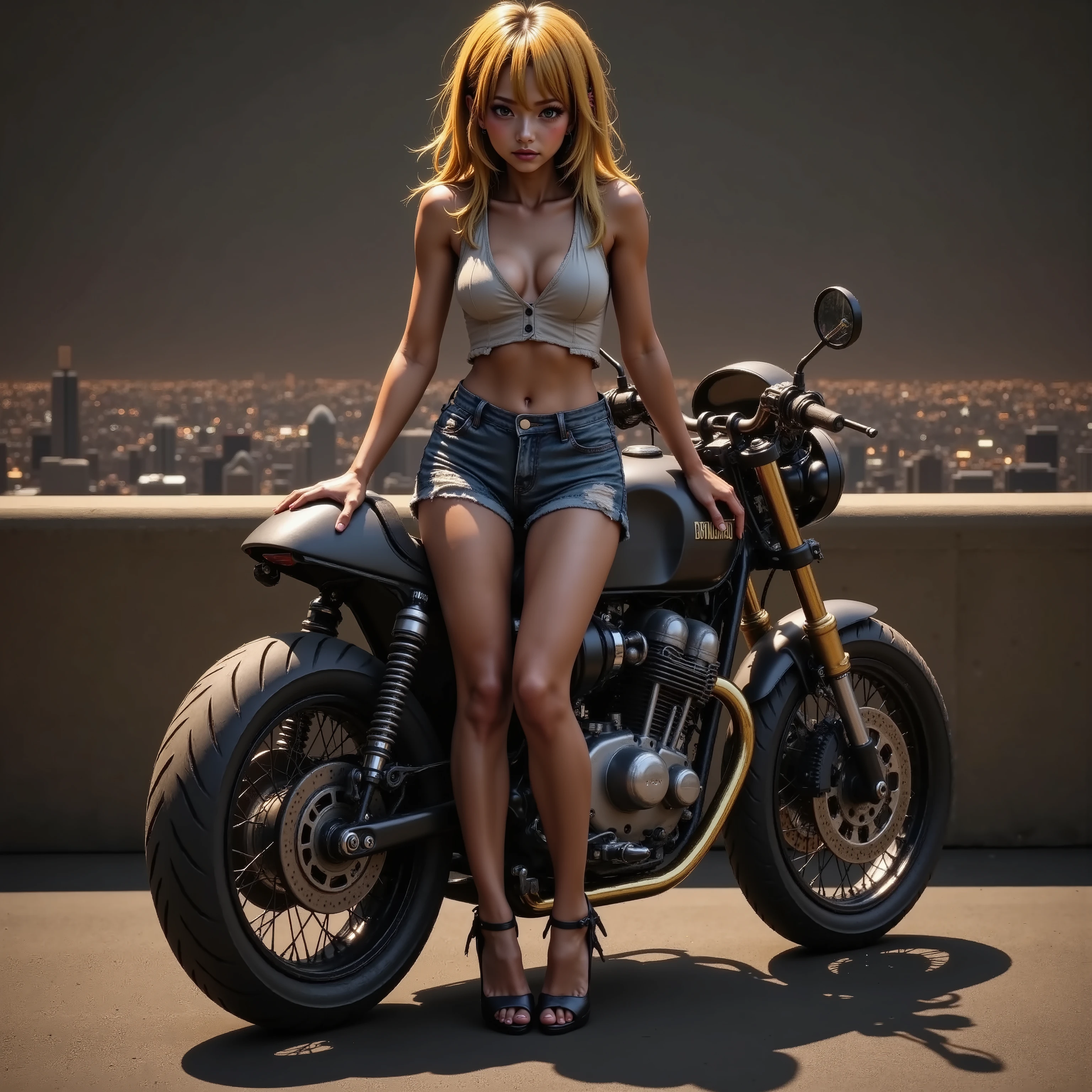 tuned cafe racer motorcycle, damage jeans 、 matte brown skin , small breasts, video, yellow hair, invitation, top quality , textured skin, thin legs 、 high heels、 movie light effect , Summit、 Big City Night View