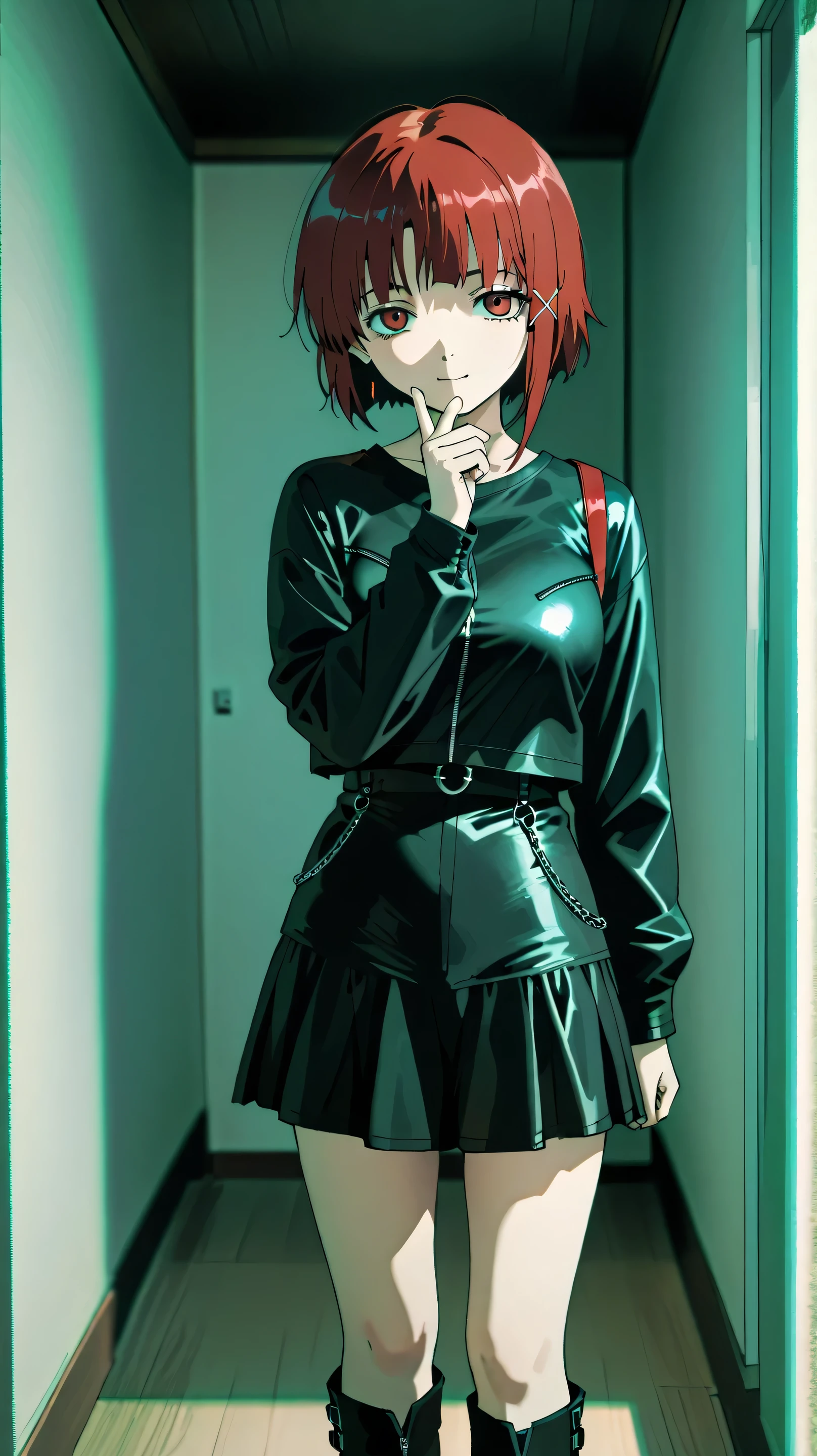 masterpiece: 1girl, {extremely_beautiful_detailed_anime_face}, {studio lighting:1.5}, {backlighting:1.5}, depth of field, {standing:1.5}, good girl, big-breasts, {ultra-detailed:1.9}, (Refined-details-on-the -face),(Perfect-and-detailed-eyes)
,(Open-and-detailed-smile),(detailed-body),(High-quality-in-texture-and-colors-of-the-skin) , (Highly-defined-landscape-and-environment)


A manga-style portrait of Lain Iwakura from "Serial Experiments Lain," drawn in the artistic style of Yoshitoshi ABe. Lain is staring directly at the camera with a serious yet sexy gaze. She is wearing a fitted leather jacket, a short 90s-inspired skirt, and punk-style boots, paired with a low-cut top. The outfit reflects a punk aesthetic, emphasizing sleek and edgy design. The background is completely black, creating a sense of mystery and contrast. Her pose includes one hand gently resting on her chin, giving a thoughtful yet confident vibe. The lighting is subtle and soft, highlighting her face and outfit in the dark atmosphere. Clean and polished, yet retaining the hand-drawn essence of Yoshitoshi ABe’s signature manga style.
