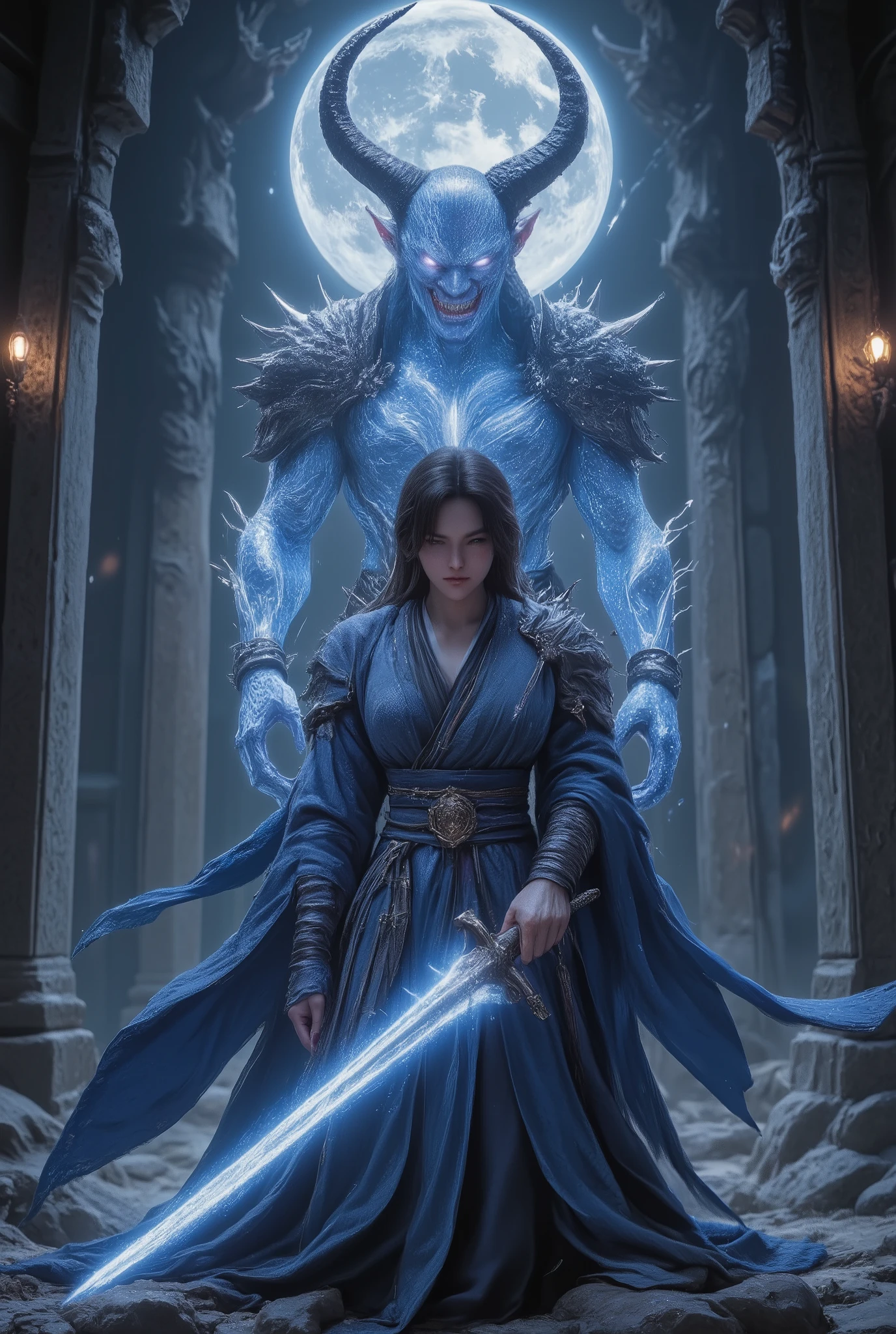 ((masterpiece, best quality, high resolution)), Oni Oni, ( realistic: 1.4), Alone, blue yukata kyudo,Temple,Full moon night, blue furry sleeve,Demon's Appearance、Battle stance、 female incarnation、 Confronting Attitude、 Open Your Mouth 、 is staring、Angry Tekken 、 Sense of Speed 、woman、