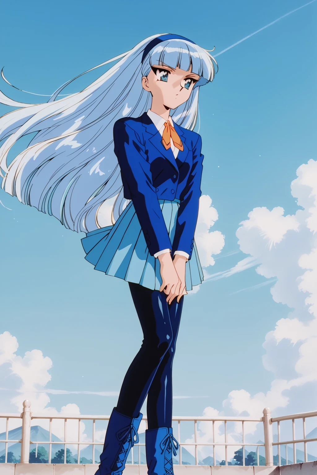 score_9,score_8_up,score_7_up,score_6_up,score_5_up,score_4_up,source_anime,(solo:1.5), masterpiece,highest quality,Super detailed,8k,High resolution,an extremely delicate and beautiful,Official Art,Perfect Anatomy,1990s \(style\),90s anime,90s anime style,retro artstyle,Cel-shaded anime,anime screencap,anime coloring,perfect face,beautiful,sexy,athletic body,shiny skin,(scale to fit the dimensions:1.2), AEUmiDef, blue eyes, blue hair, blunt bangs, long hair, blue hairband, school uniform, blazer, blue jacket, long sleeves, collared shirt, orange ribbon, white shirt, blue skirt, pleated skirt, black pantyhose, blue footwear, boots,