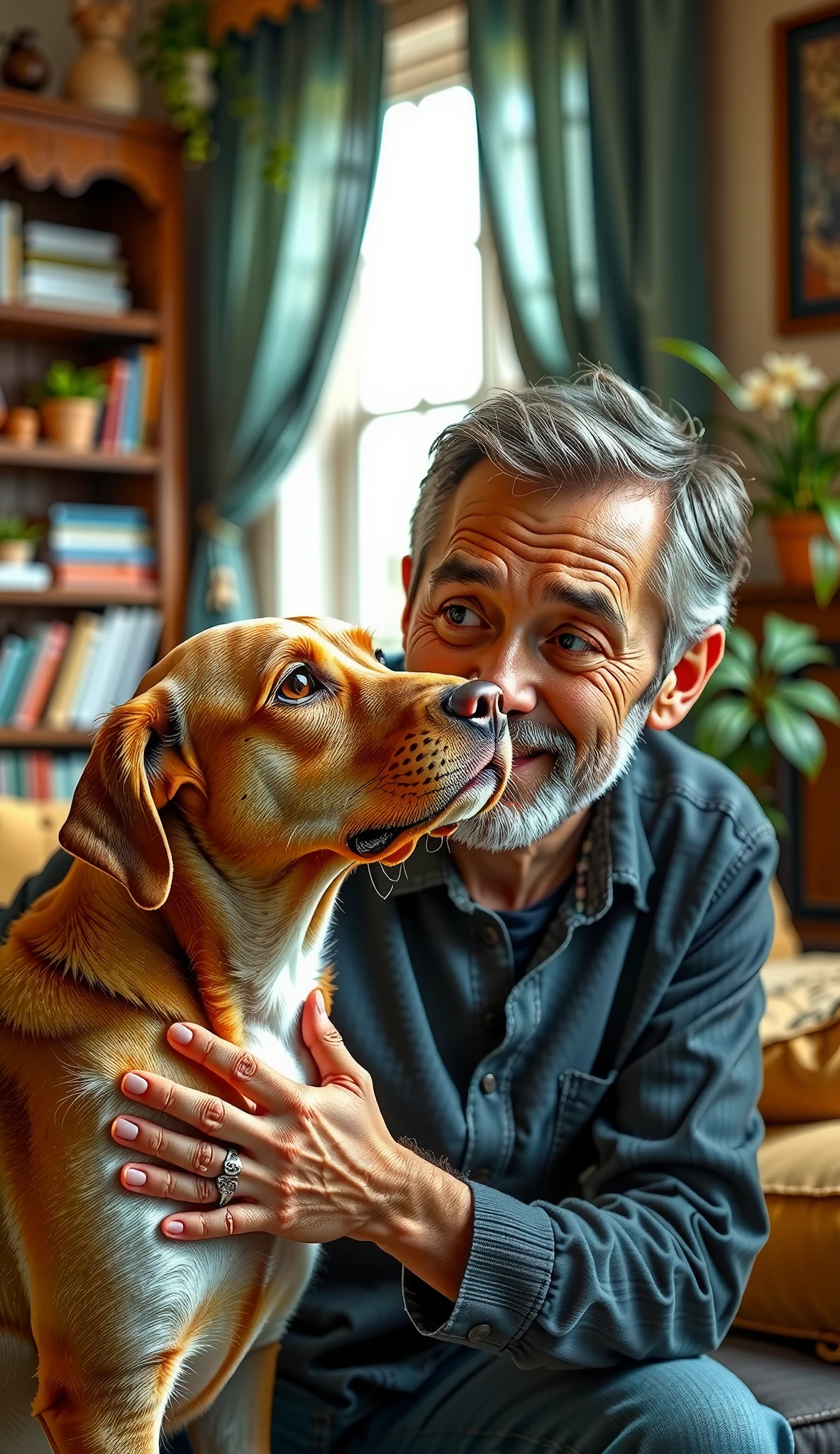 a man pet his dog and talking with him, realistic hyper quality 8k