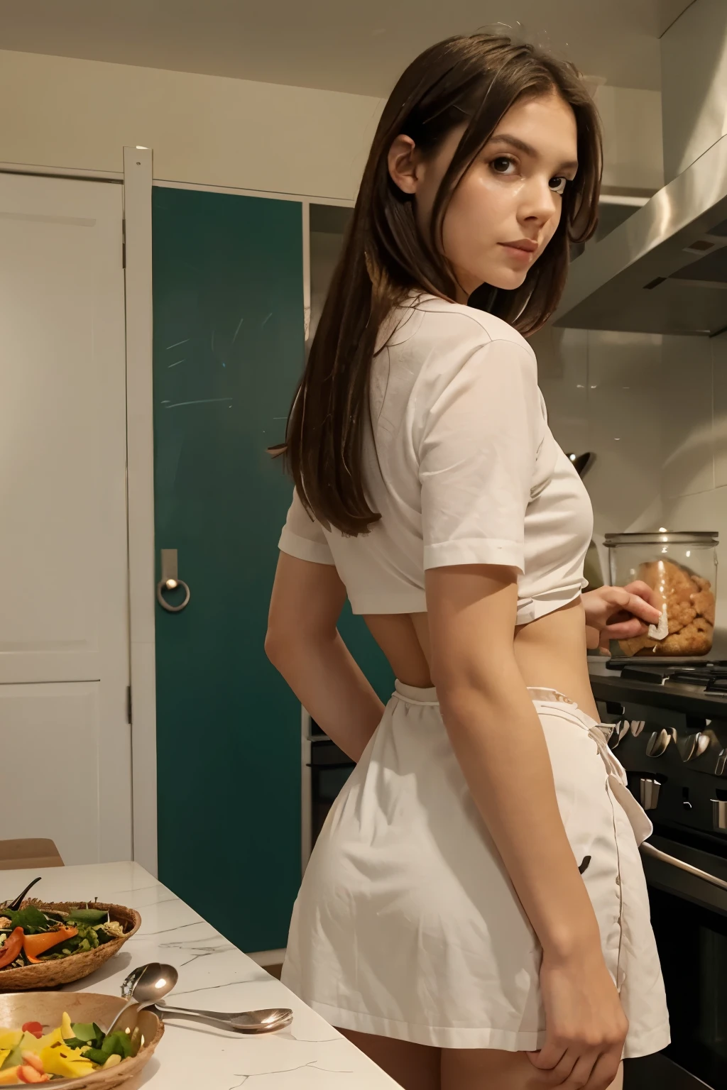 high quality、masterpiece、Super Resolution、((Shot in the back:1.4))、Cute girl face、kitchen、((Full nudity:1.5))、((Wearing a short apron:1.7))、((Esbian all over:1.4))、Famous Japanese actresses、so beautiful, ((Girls with medium long hair:1.4))、smile、((Exposing her ass:1.4))、((Naked butt:1.7))、The body is slim:1.7、White choker、slim:1.7、