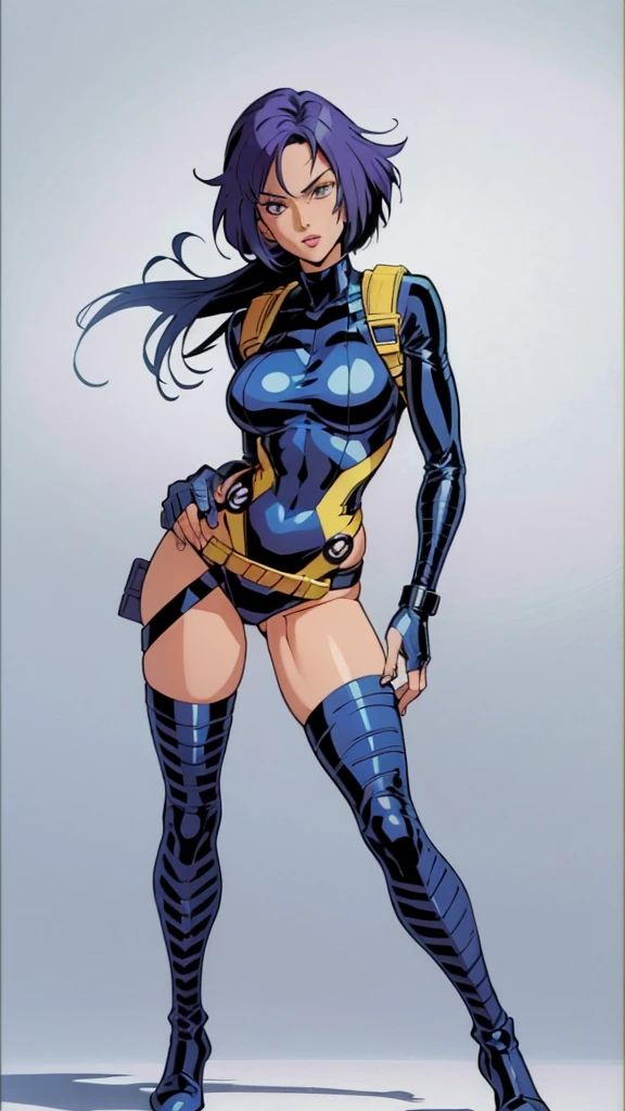 A freckled girl with glasses and black hair tied up in a blue enamel catsuit wearing a police cap, wearing white gloves and white boots, smiling while holding a submachine gun