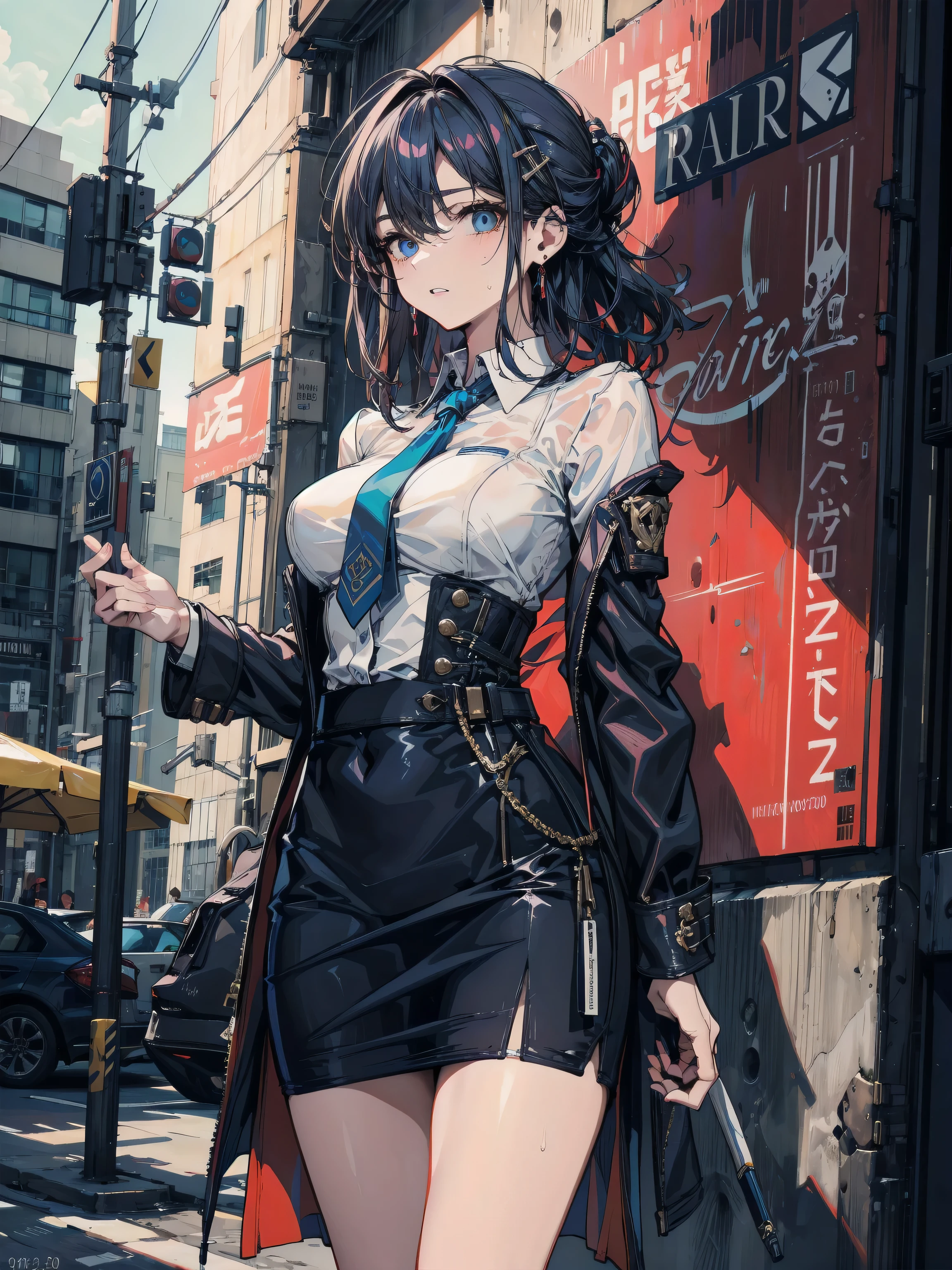 Dim 4:1>, Best quality, Ultra-detailed,,1girll, Solo, nikkeanis, aniswear, Cross-eyed, short_Hair, Open_Mouth, Large_Breasts,_decorations, upper legs, Hat, cleavage, , Jacket, Short skirt mini skirt white stockings blue pleated shirt+white skirt