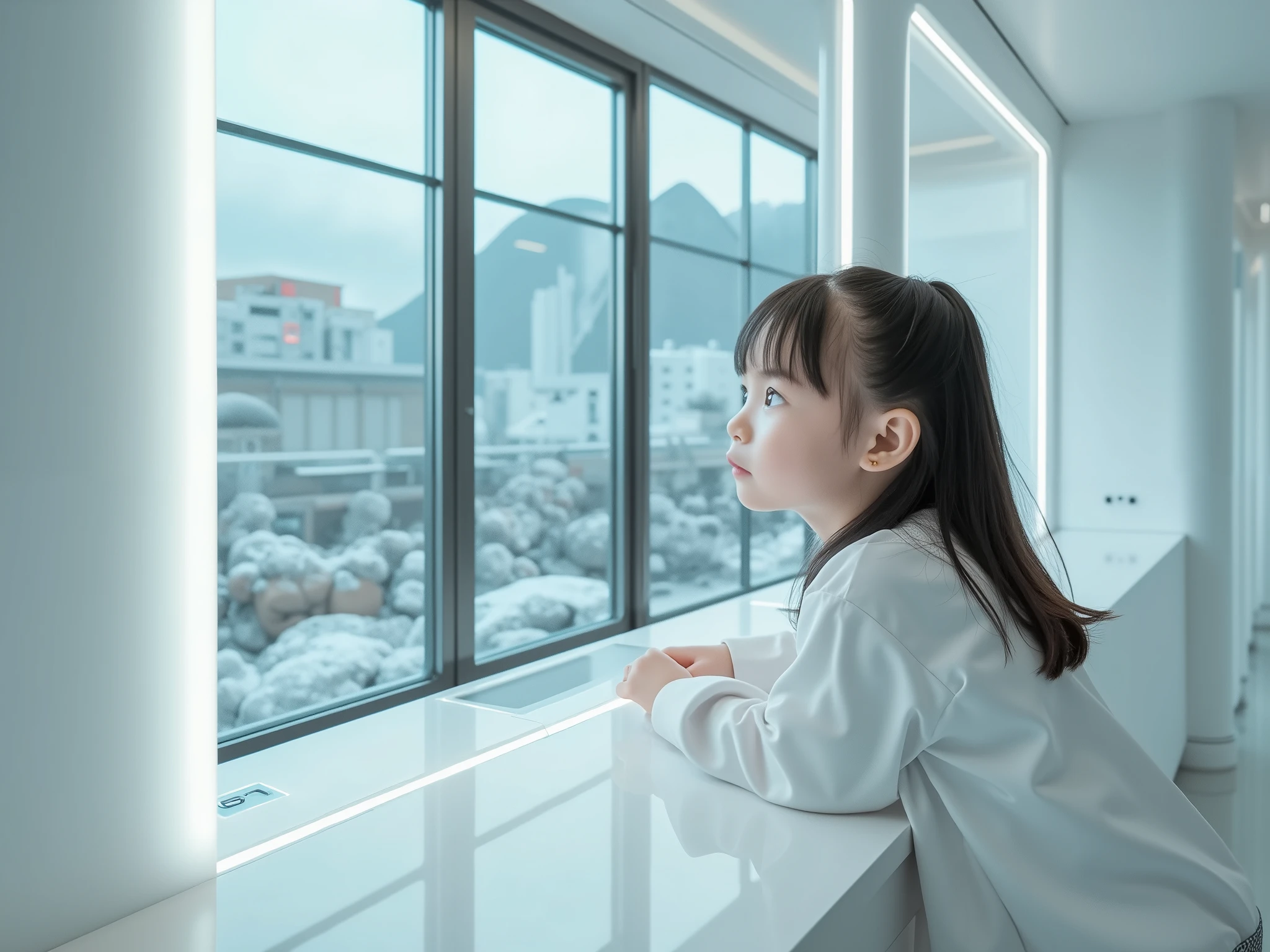 Best quality, best resolution, Cinematic, Real photography, Future Tech Style, A Asian girl wearing futurism white in a bright and clean futurism white space, she lean herself on the window and looking curiously from inside the windows for the outside world, but the outside external environment is filthy and all dark where air all heavily polluted, like a doom, the photo is taken from the back of the head over the shoulders