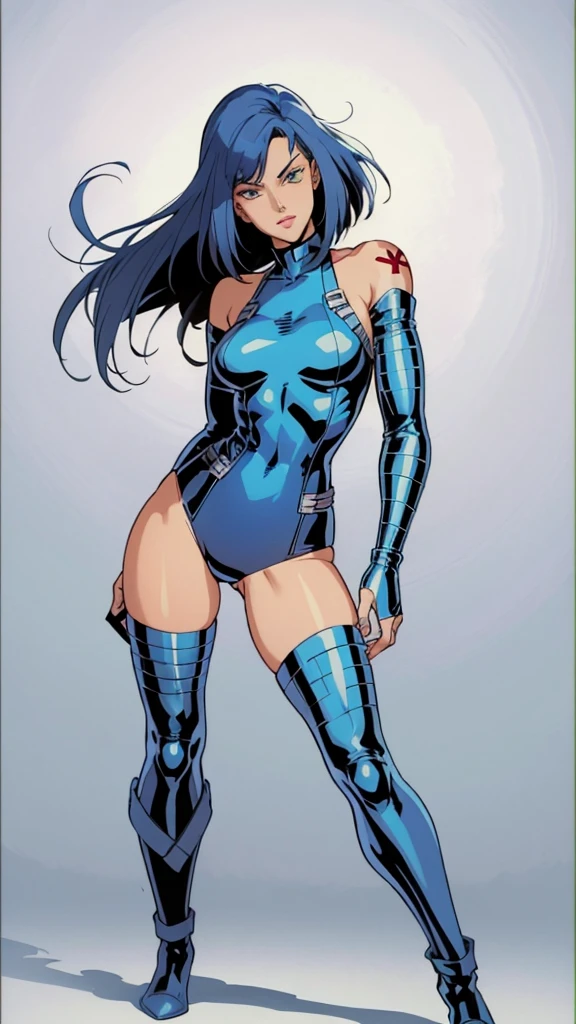 (((Rust and blue skin))), (((demon))), (((tattoo of a spider))), (((rusty and blue suit))), (((best qualityer: 1.4))), (((Afro))), (((DuneWalker))), (((post-apocalypse))), (Unbeatable masterpiece), (hiper HD),(CG 8k hyper-realistic), (((breasts big))), (((hyper feminine))), sensuous girl, (bob hair with straight bangs), ((( sculptural body ))), (((1 girl))), 20 year anime girl with perfect body, Beautiful and well-groomed face, slanted eyes, muscular body:1.2, costume with textured details in pixel art, (Head to thigh photos),modern samurai pants, Complex equipment,Tight, dark clothes,With white stars and white stripes, Metal parts in armor, afro girl, (((standing alone))), pirralha violent, ((())), sensuous, pose de atitude, work of art, post-apocalypse, (((manga style))), Bounty Hunter, violent, Manic, the way you want, slenderbody, thin but strong, perfectbody, roupa moderna, Advanced technology, short shorts with checkered pattern in red and black, fur collar jacket, sleeves with vertical striped pattern, neutral background
