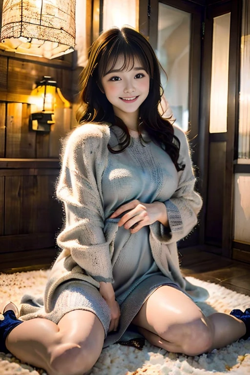 masterpiece, Highest quality, Very detailed, To the camera, Very detailed Very detailed, practical, Sharp features, Very detailed, Clear focus, Perfect Face, Perfect Face, Perfect eyes with perfect symmetry, Perfect Plump Lips, Flexible female form, movie, lamp, Very detailed, hyper practical, masterpiece, atmosphere, High resolution, full of energy, 动态工作室lamp光, National Foundation, ((Dark Background)), Sexy Face, Happy expression, Straight bangs, Large Breasts, Naked Groove, blue eyes,Black sweater,
