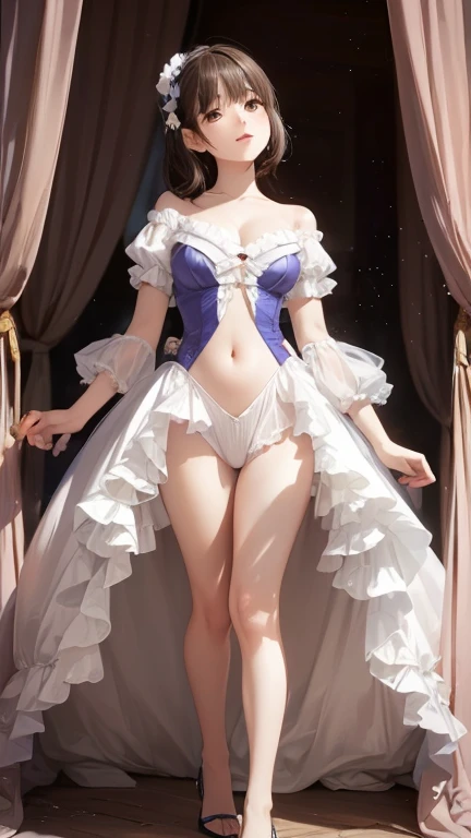 a beautiful woman wearing a white and purple dress and thigh-high socks, high-quality fashion, elegant maid, maid outfit, dress with purple accents, maid outfit, purple and white royal gown, sexy maid in a magical forest, purple corset bodysuit, fantasy outfit, gorgeous clothing, anime Barbie doll in white stockings, maid outfit, purple and white dress, ballgown, french maid