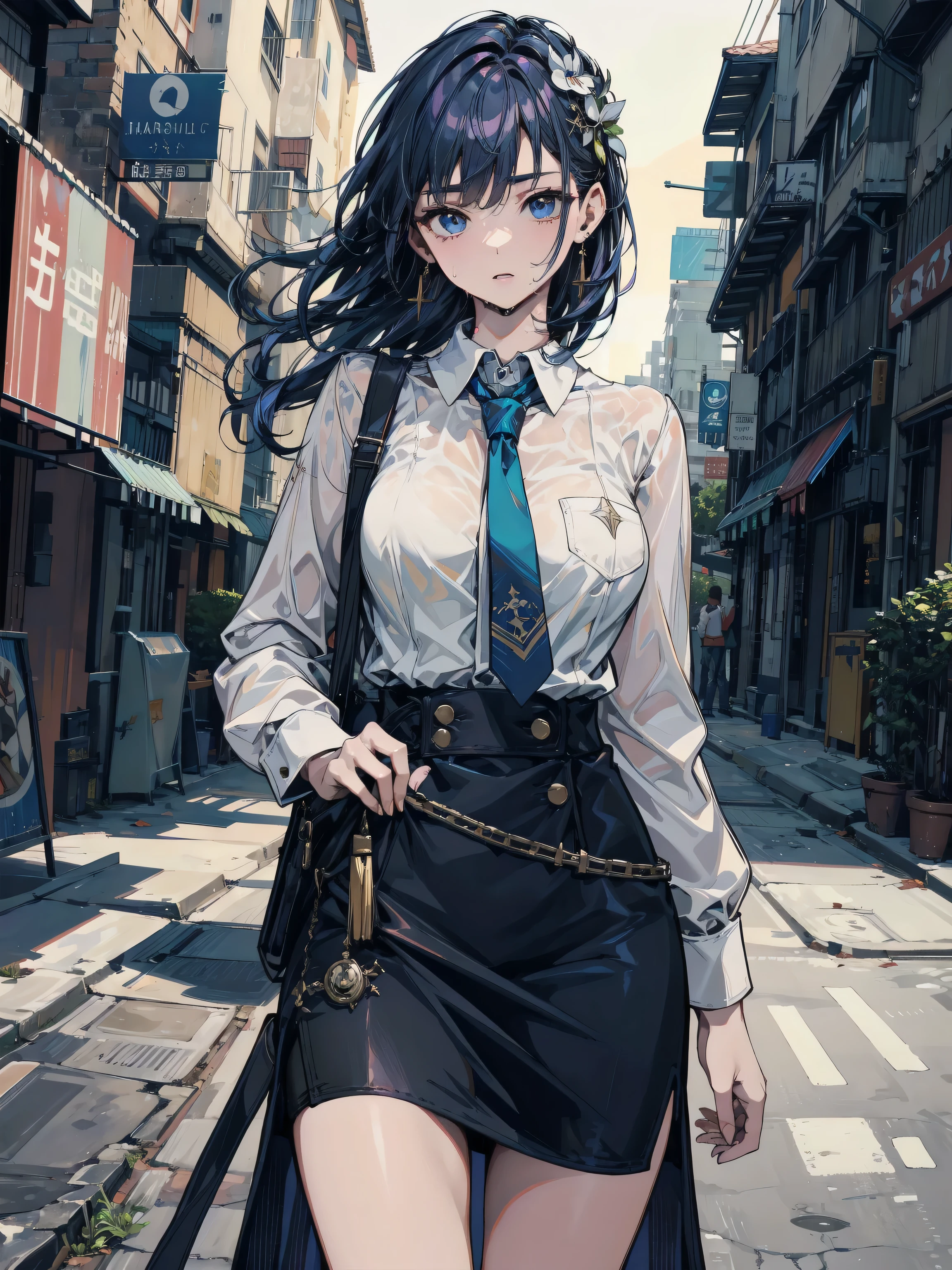 Anime girl in a skirt and shirt walking down a street - SeaArt AI