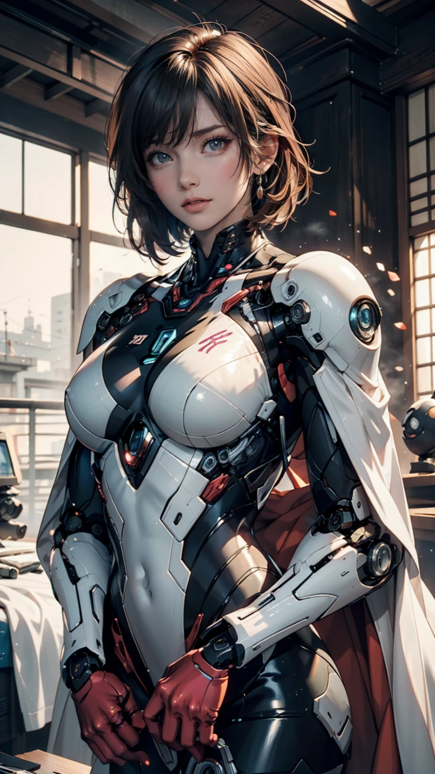 ((tmasterpiece)),(Best quality at best),(A half body),(ultra intricately detailed),(Highest definition),(8K),(Clean lines),(Perfect facial features,Perfect flesh),(offcial art),cyber punk perssonage,Cyborg girl,Artificial dolls,Short silky black hair,(Empty eyes,Bloodless skin),sense of science and technology,Lab Room,((Poor milk)),Slim waist