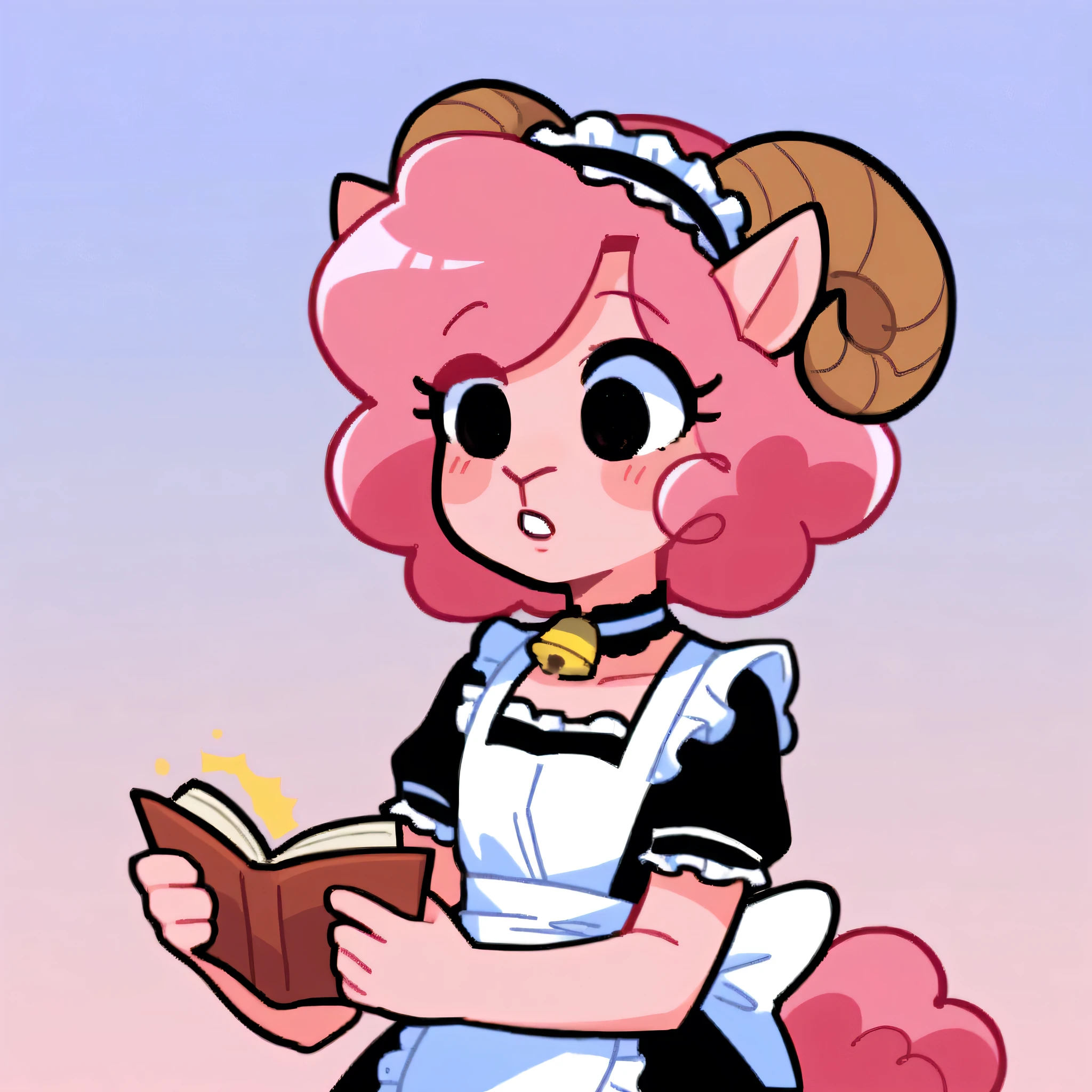 better quality, very detailed illustration ( Anthropomorphic furry sheep:1,7) , femboy, ruffled voluminous bouncy hair , delgado, ideal body, simple drawing, Artifyber style , pastel flat colors , beautiful, cartoon ,solo,baker, short curly pink hair, maid clothes, frilly apron, fluffy curly tail, sheep ears, bell collar, ram horns, studying
