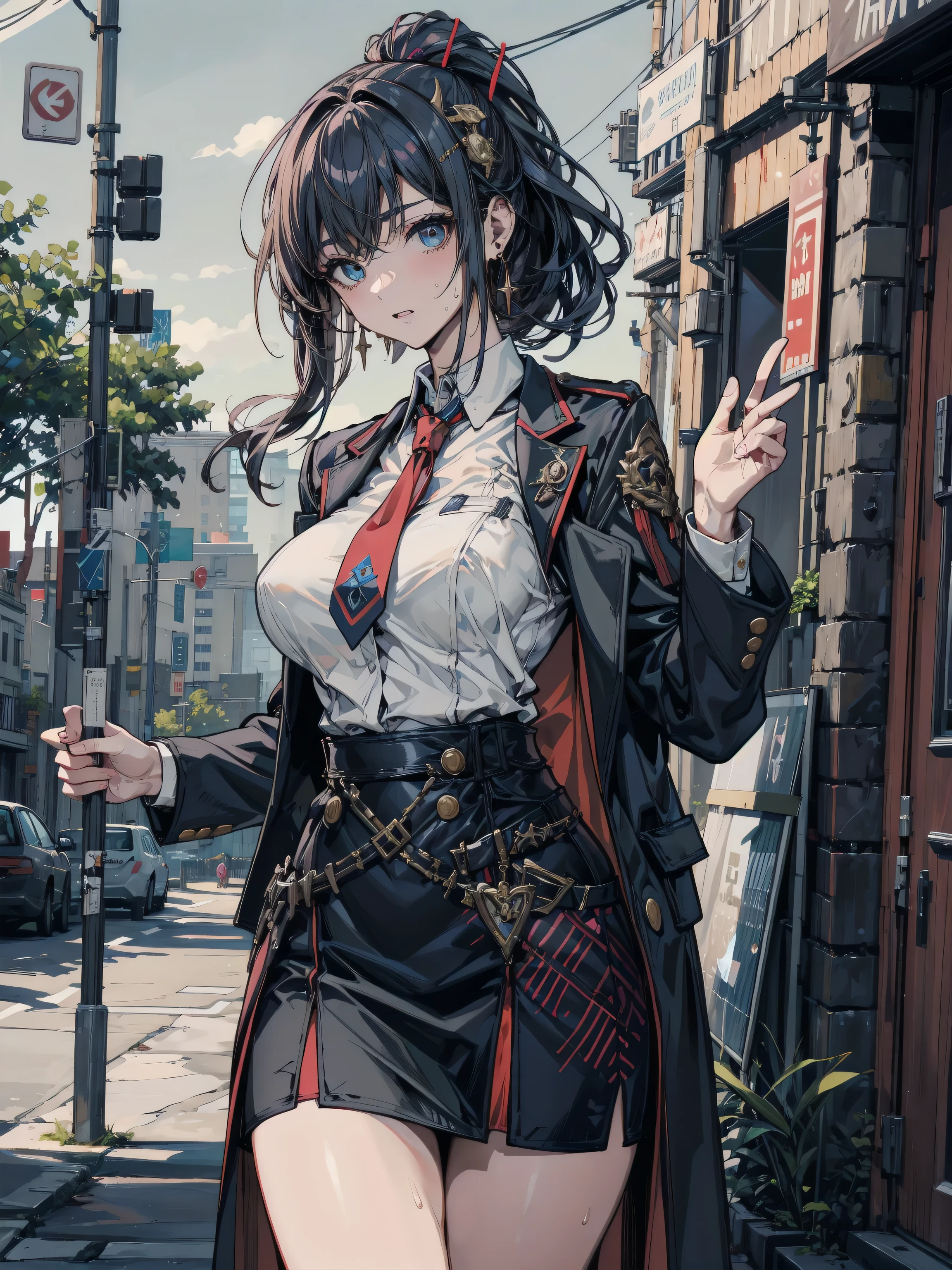 (absurdres, RAW photo, extremely delicate and beautiful, masterpiece, Best Quality, ultra high resolution, 32k, hyperrealistic, ultra-detailed:1.2), perfect anatomy, anatomically correct, perfect figure, Perfect Style, Perfect balance, super Detailed skin, in her 30s, very Slim body, narrow waist, very small head, very small face, delicate facial features, handsome detailed woman, very detailed eyes and face, realistic face proportions, Realistic beautiful face, Realistic beautiful eyes, tearful mole, earring, big tits, whole body shot, medium hair, outdoor, military jacket, (school_uniform:1.2), skirt, dress shirt, destroyed buildings, 
