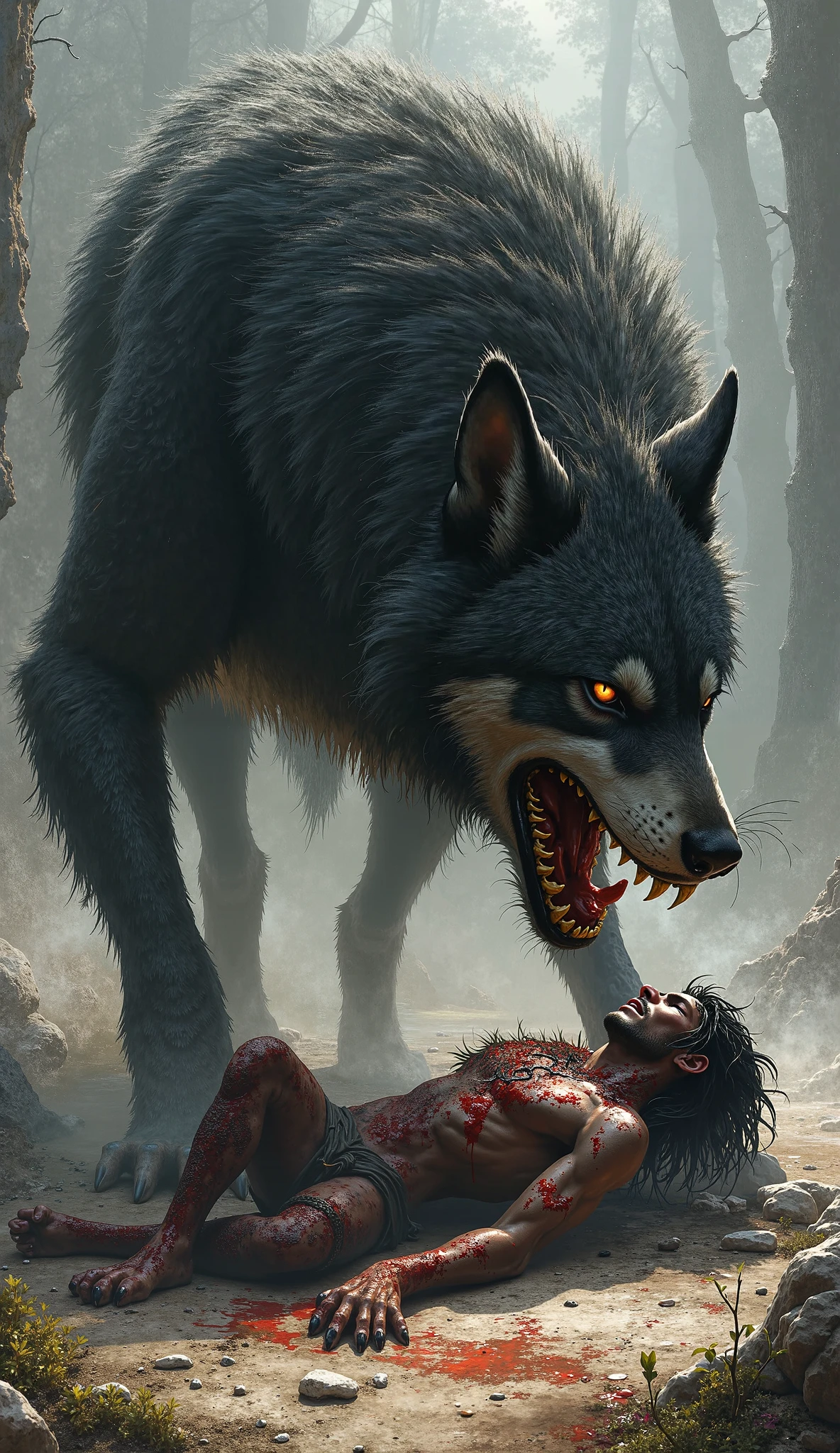 Draw a Werewolf devouring a person in a ferocious way