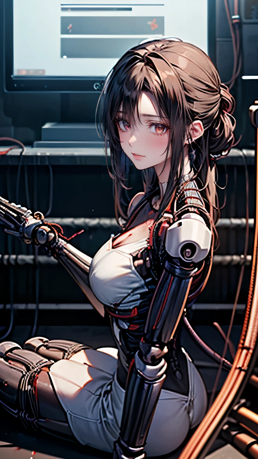 (((masutepiece))), (((Best Quality))), ((Ultra-detailed)), (High Definition CG Illustration), ((extremely delicate and beautiful)),(From Side),Cinematic Light,((1mechanical girl)),Solo,Full body,(Machine-made joints:1.2),((Mechanical marginal vessels connected to tubes),(mechanical vertebra attaching to the back),((mechanical cervial attaching to neck)),(Sitting),deadpan,(wires and cables attaching to neck:1.2),(wires and cables on head:1.2)(Character Focus),Science fiction,White background, ighly detailed,Colorful,highest details