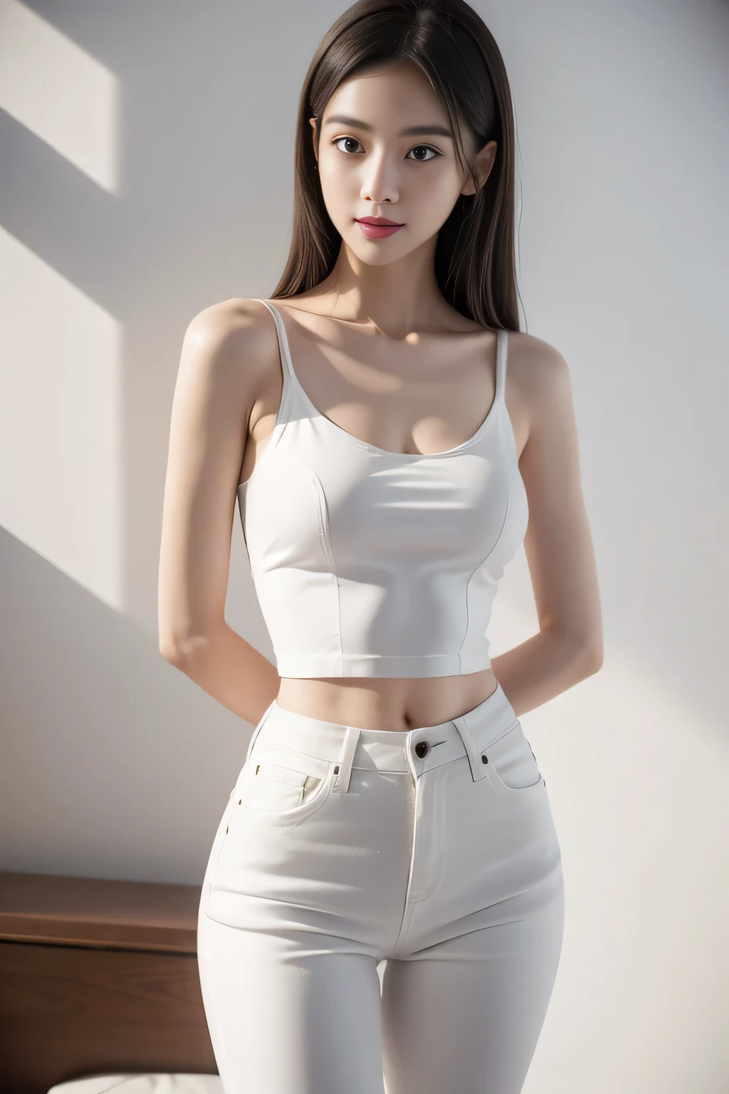 Girl posing for photo in white OK and tight denim, Arms behind back, whole body, 穿着短款T恤, OK, slim figure, Smaller bust, Slim Girl Model , 24 year old female model ,