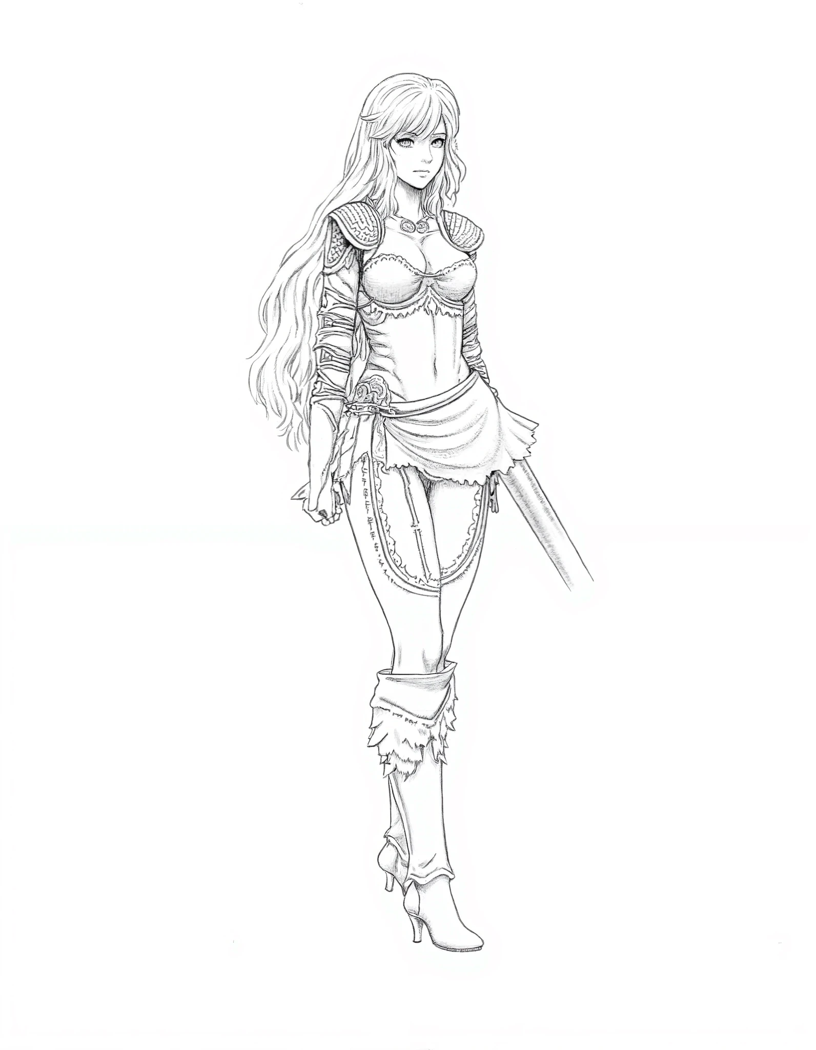 Highly detailed black and white ink drawing by Kentaro Miura Samus Aran , 1 , long hair , closed mouth, short armor, big boobs, thin, athletic and sensual body, skirt, boots, seen from the front, wielding a sword, simple background, black and white , shades of gray , traditional drawing, Trace of pencils