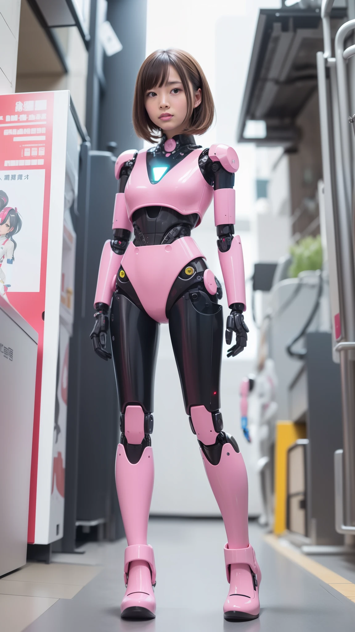 Robot Girl, pink there, Silver, Metallic body, Robot Parts, Metal Parts, Super Detailed Face, Super well-formed face, of the highest quality, a small face, small head, Brown hair, Slender body, Camera gaze, Idol, front facing, Well-proportioned body, sale, Exhibited, Event Hall, Moe Pose, job interview suit machine armor, Standing with legs open, Model body type, sad, Embarrassing,(Perfect Robot Girl),(Perfect machine body)