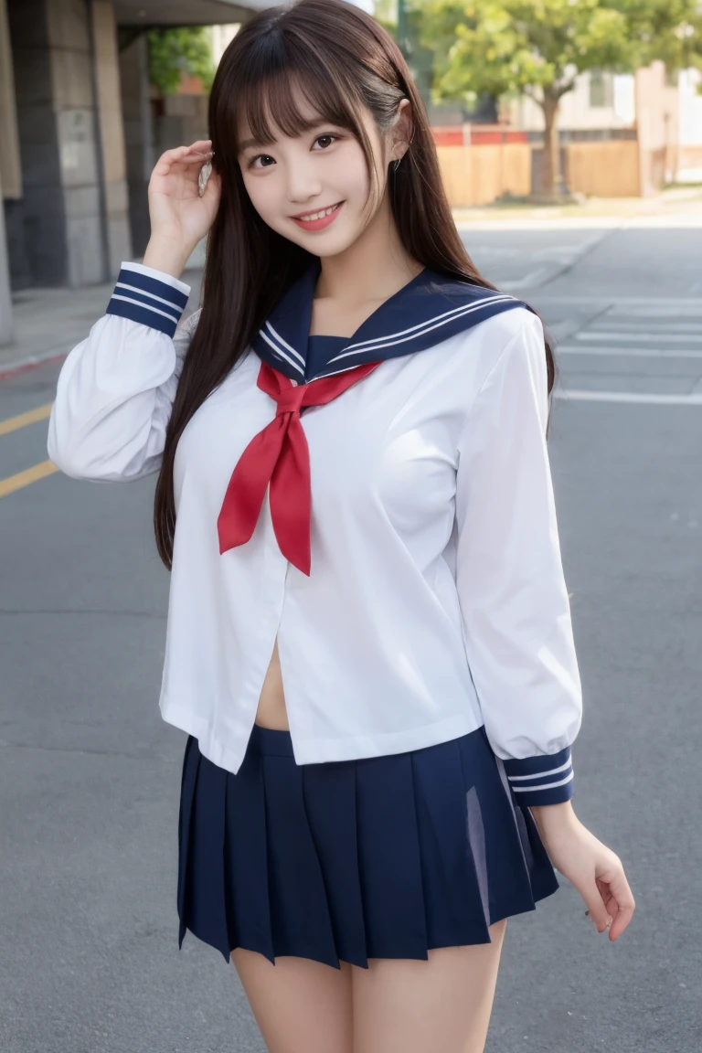 (Realistic lighting、top-quality、8K、masterpiece:1.3)、32K、(1girl in:1.5)、japanes、(Composition from the knee up:1.7)、(High school girl in sailor suit:2.0)、summer clothing、((small tits:1.8))、((skinny body:2.0))、NSFW, (Ultra Slim Body Beauty:1.4))、(Slim abs:1.1)、((Light brown long hair))、(outside of house:1.1)、City Street、Superfine Face、Fine eyes、二重まぶた、No hats、