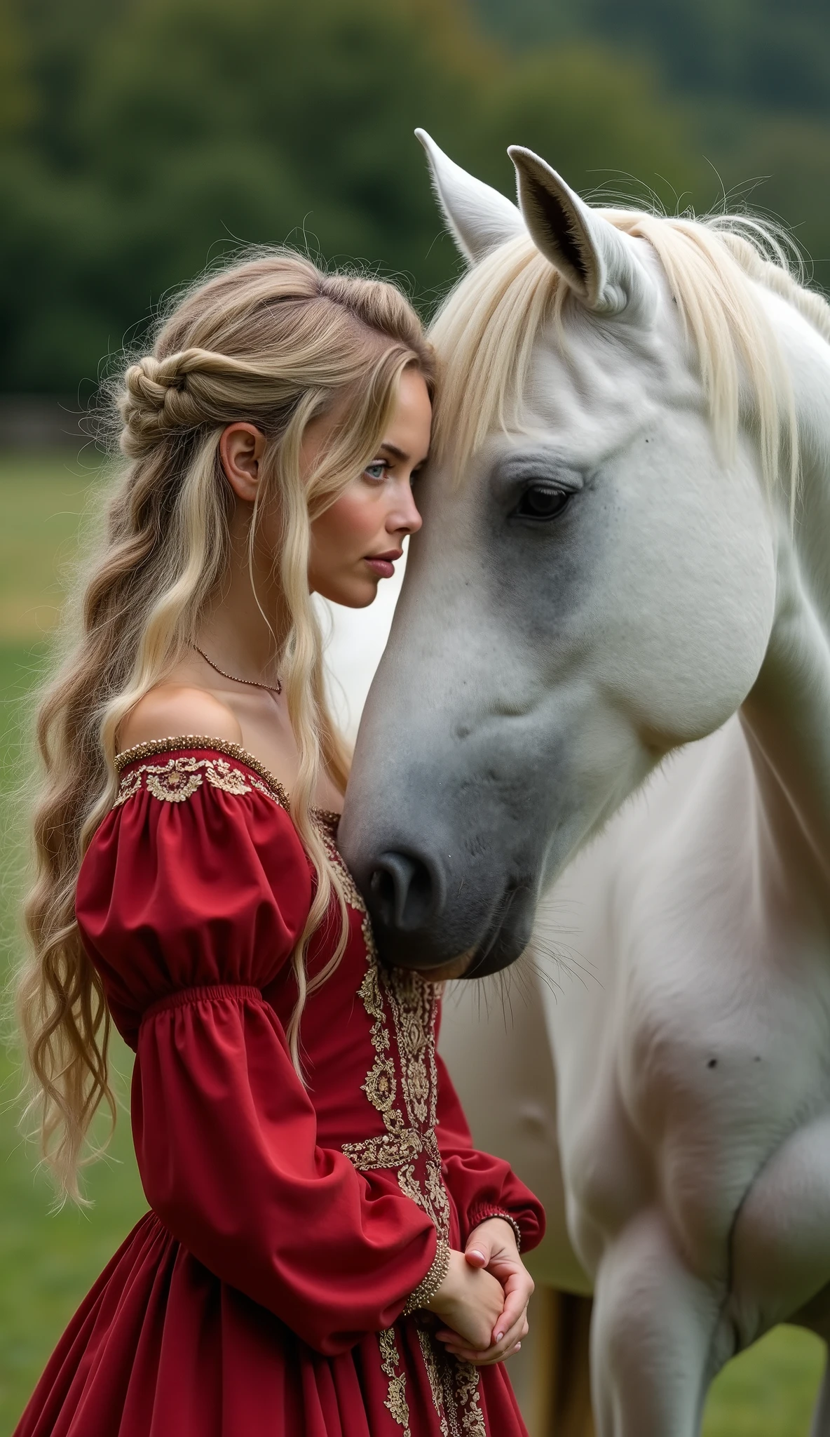 A stunningly beautiful woman with long, wavy blonde hair and natural freckles, standing face-to-face with a majestic white horse. She is wearing a flowing, elegant red dress with intricate details, evoking the timeless style of a graceful peasant. Her eyes are softly closed, and her serene expression radiates love and trust as she gently leans her face against the horse's head, their profiles perfectly aligned.
The horse, with its glossy white coat, stands calmly, its soulful eyes closed, exuding mutual affection and a deep bond with the woman. The background is a lush countryside setting, with soft greenery and natural textures that enhance the peaceful and emotional atmosphere. The lighting is natural and soft, creating a high-quality photographic look that captures every detail—the textures of her hair, the folds of her dress, and the horse's silky coat. The image focuses solely on their profiles, highlighting the intimate connection and harmony between them.
