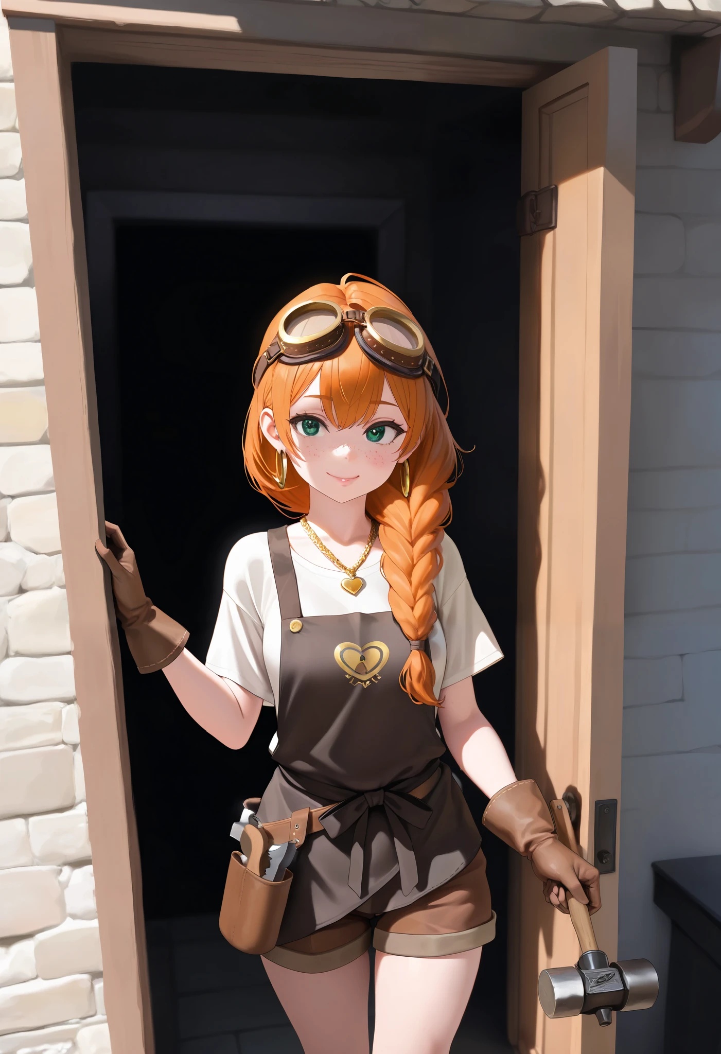 (((Highly detailed, sharp detail, vibrant colors, masterpiece, ultra-realistic, 8K, 4K, cinematic lighting, Extremely detailed, perfect hands, detailed eyes, absurdres, hires, highres, good hands, detailed hands, detailed background, detailed clothes, extreme detail)), (A 21 year-old with a young and prepubescent Dwarf female, Petite and Skinny figure, (((((Very short dwarf female standing at 137 cm tall))))), Heart-shaped and youthful face, Full lips, super cute and beautiful, cute and youthful face), (Tiny and perky breasts, underneath clothes), (Dwarf species), Cute and cheerful pose, (Wearing linen shirt, black blacksmithing apron, blacksmithing gloves, brown leather shorts, leather tool belt, goggles, googles resting on her head, effortlessly attractive, Olive eyes, pale skin tone, heavy freckles, Small gold hoop earrings, gold necklace, Long ginger hair in long single braided hairstyle, ginger hair, blunt bags with strands framing face), ((Dwarf themed)), (Cottage style home background, Large front door, darker colored room, cottage decorations, Desk, forge), Knocking on a huge door, Standing Outside homes front door wanting to come inside, Standing, holding a small blacksmithing hammer, large forge, innocent and excited expression, JK, frontal view, Everything is bigger to the dwarf female
