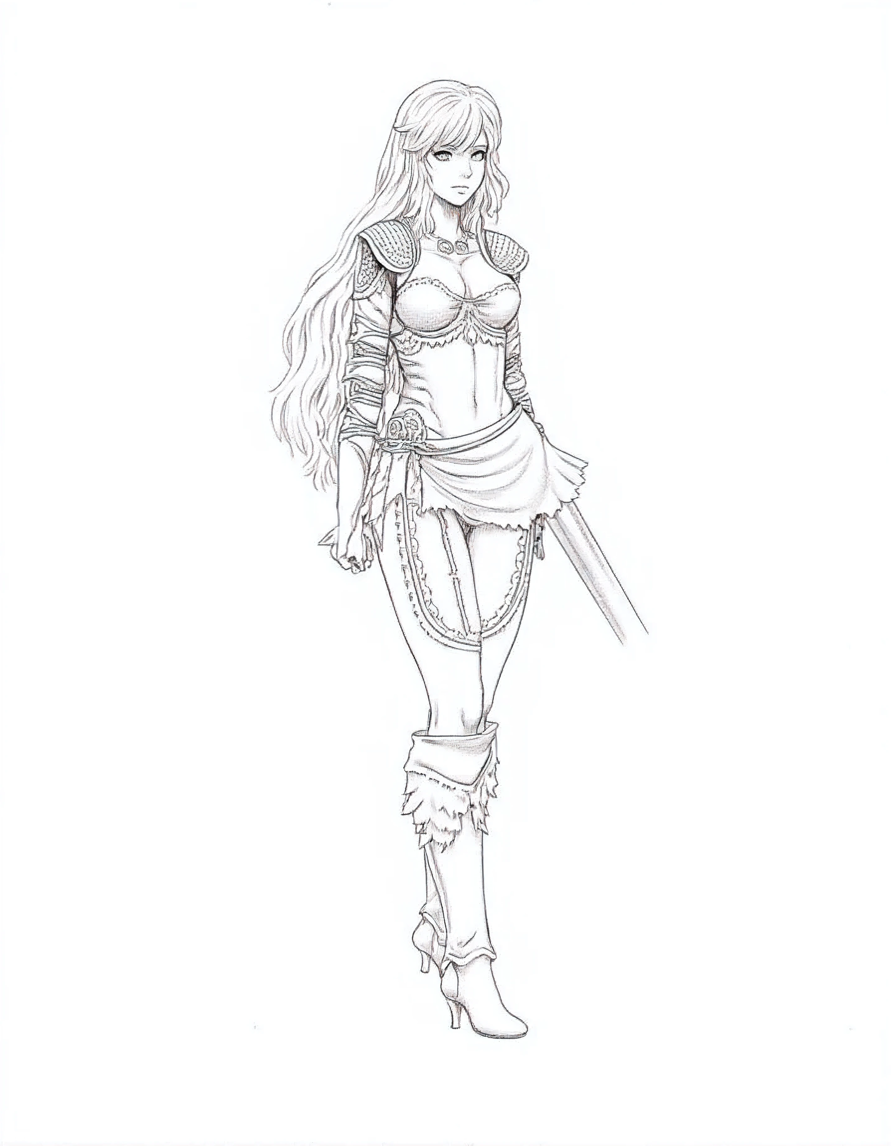 Highly detailed black and white ink drawing by Kentaro Miura Samus Aran , 1 , long hair , closed mouth, short armor, big boobs, thin, athletic and sensual body, skirt, boots, seen from the front, wielding a sword, simple background, black and white , shades of gray , traditional drawing, Trace of pencils