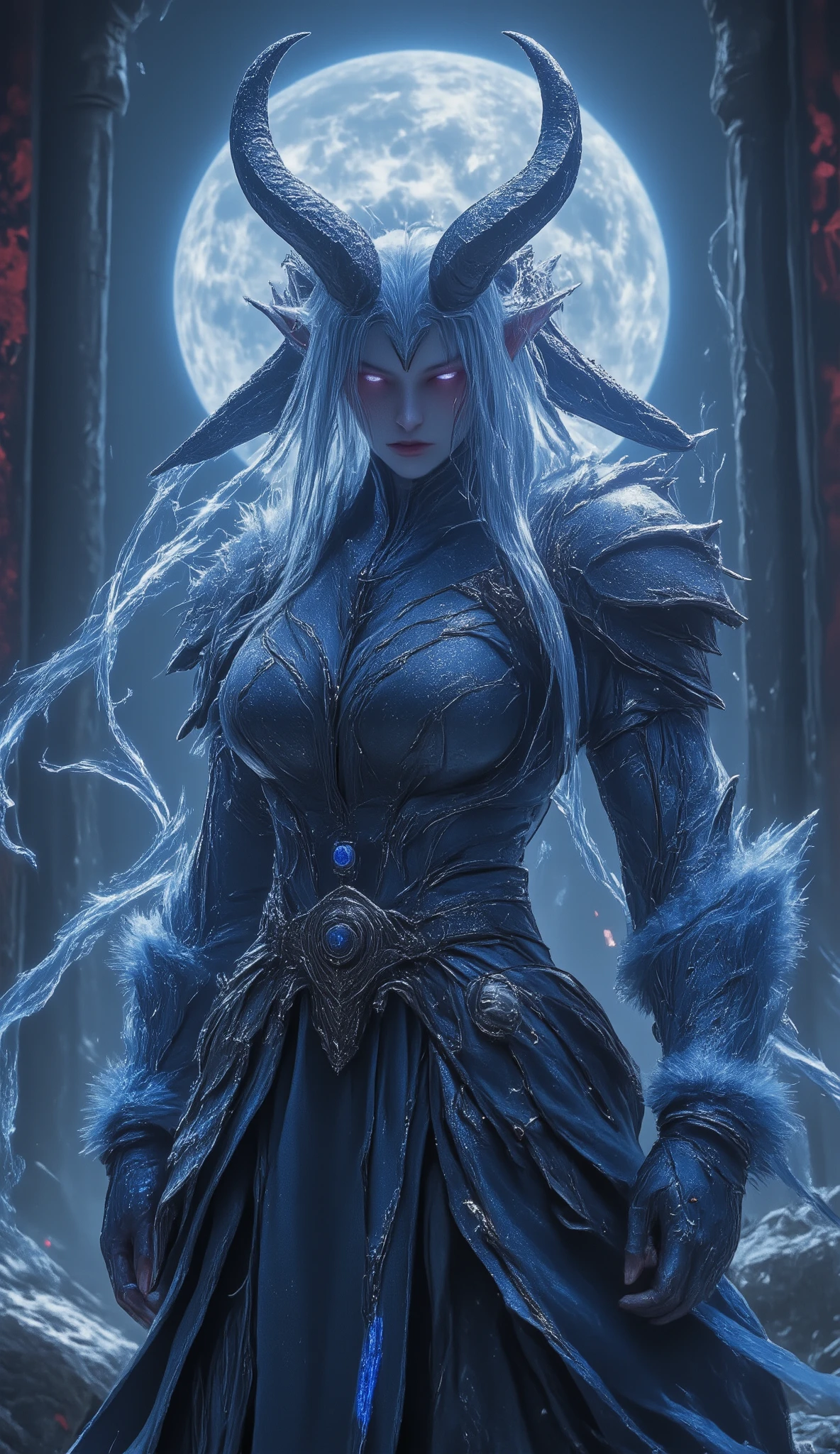  ((masterpiece,  best quality,  high resolution)), Oni Oni, ( realistic: 1.4), Alone, blue yukata kyudo,Temple,Full moon night, blue furry sleeve,Demon&#39;s Appearance、Battle stance、 female incarnation、 Confronting Attitude、 Open Your Mouth 、 is staring、Angry Tekken 、 Sense of Speed 、woman、