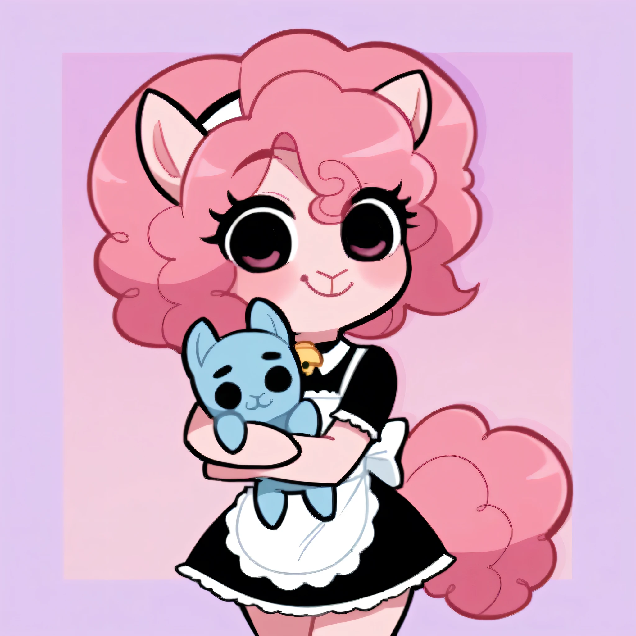 better quality, very detailed illustration ( Anthropomorphic furry sheep:1,7) , femboy, ruffled voluminous bouncy hair , delgado, chibi body, simple drawing, Artifyber style , pastel flat colors , beautiful, cartoon ,solo,baker, short curly pink hair, maid clothes, frilly apron, a smile, fluffy curly tail, sheep ears, bell collar, ram horns, cute, hugging plushie