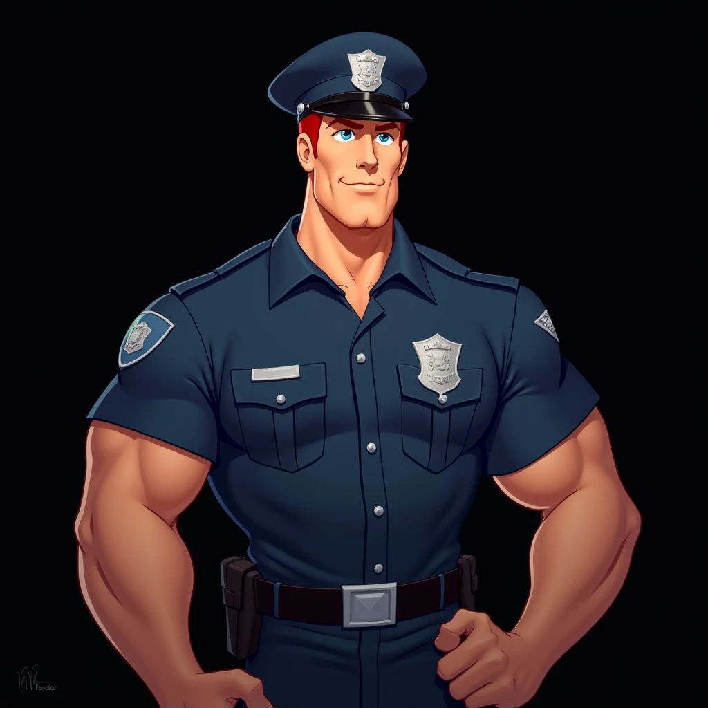 age 60, white man police detective with a mature, kind demeanor, strong and muscular yet chubby build, mustache, wearing dress pants and a buttoned-open translucent shirt that reveals a hairy chest and a noticeable bulge, wearing detective badge on belt, giving off a hint of a horny yet disgusting aura, completing the look with comfortable loafers.