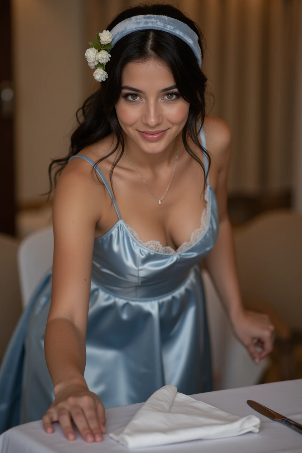 Realistic full body photo of a smiling, young brunette pregnant woman with long hair, ponytail hairstyle, She dances in front of the camera in a long A-line dress with straps made of shiny dark blue satin., Park,glamour fotoshooting, Wedding celebration, perfect anatomy, perfect brown eyes. Perfect hands with 5 fingers on each hand, Matching girl, looking at the camera, 1 Frau. (Eye make up:1.1), (highly detailed skin:1.1), spirit, analog style, keen focus, 8K  UHD, dslr, good quality, Fujifilm XT3, Grain, Award-winning, ​masterpiece. Wedding celebration