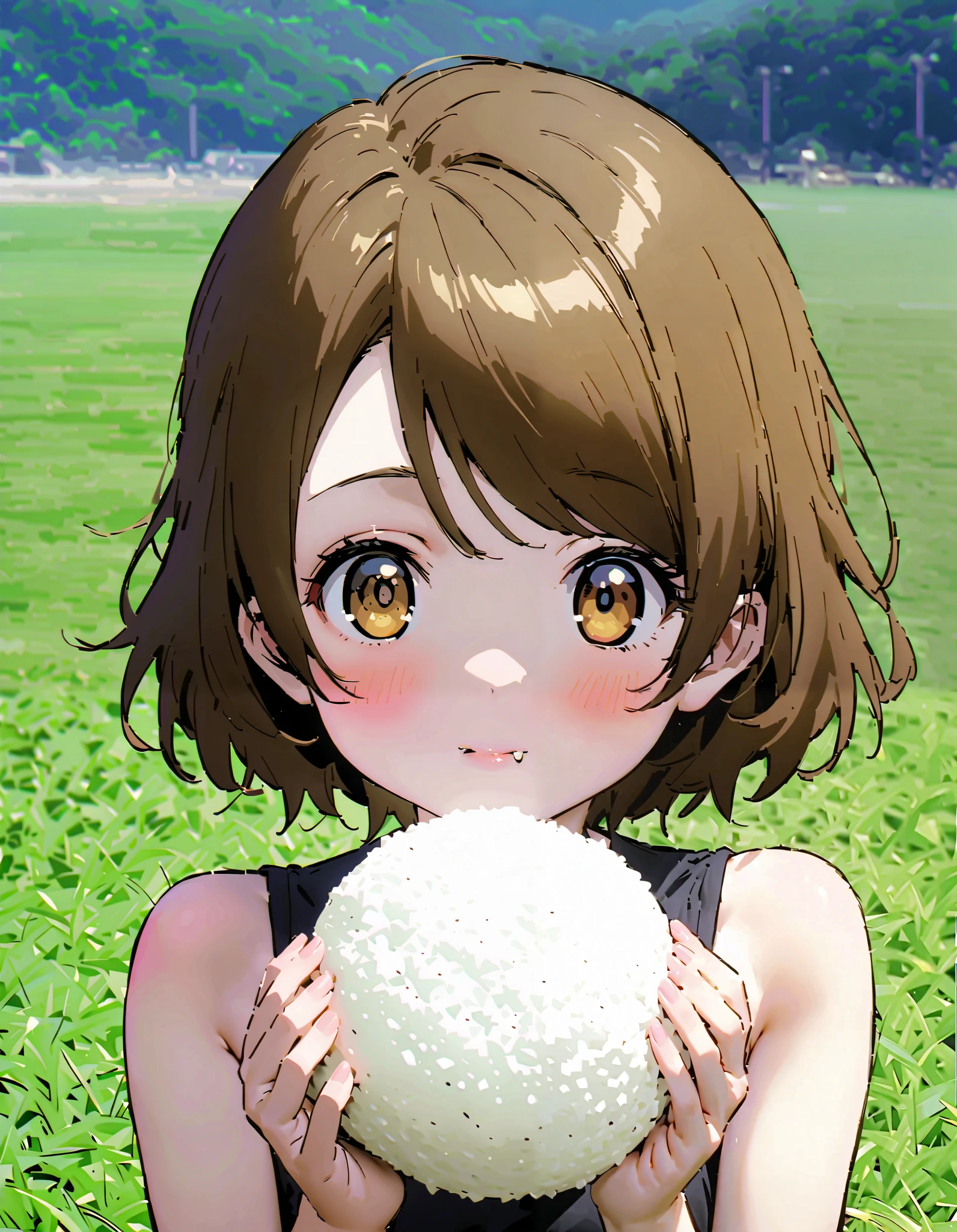 Hanayo Koizumi, ショートヘア, 茶髪, 紫色の目,巨乳,胸の谷間,麦わら帽子,タンクトップ,タンクトップの裾を縛っている,オーバオール,農業用ブーツ,田んぼ,山,川,柵にもたれてある,立っている,両手で三角おにぎりを持っている,eating rice ball,昼間, 全身がイラストに入るように, 壊す looking at viewer,全身,
壊す outdoors, 田舎, 農家
壊す (傑作:1.2),最高品質 ,カンパラ,unity 8k 壁紙,(形:0.8),( 細かくて美しい目 :1.6),それは人だ,全身写真,CGの詳細, (完璧な手,完全な解剖学),),