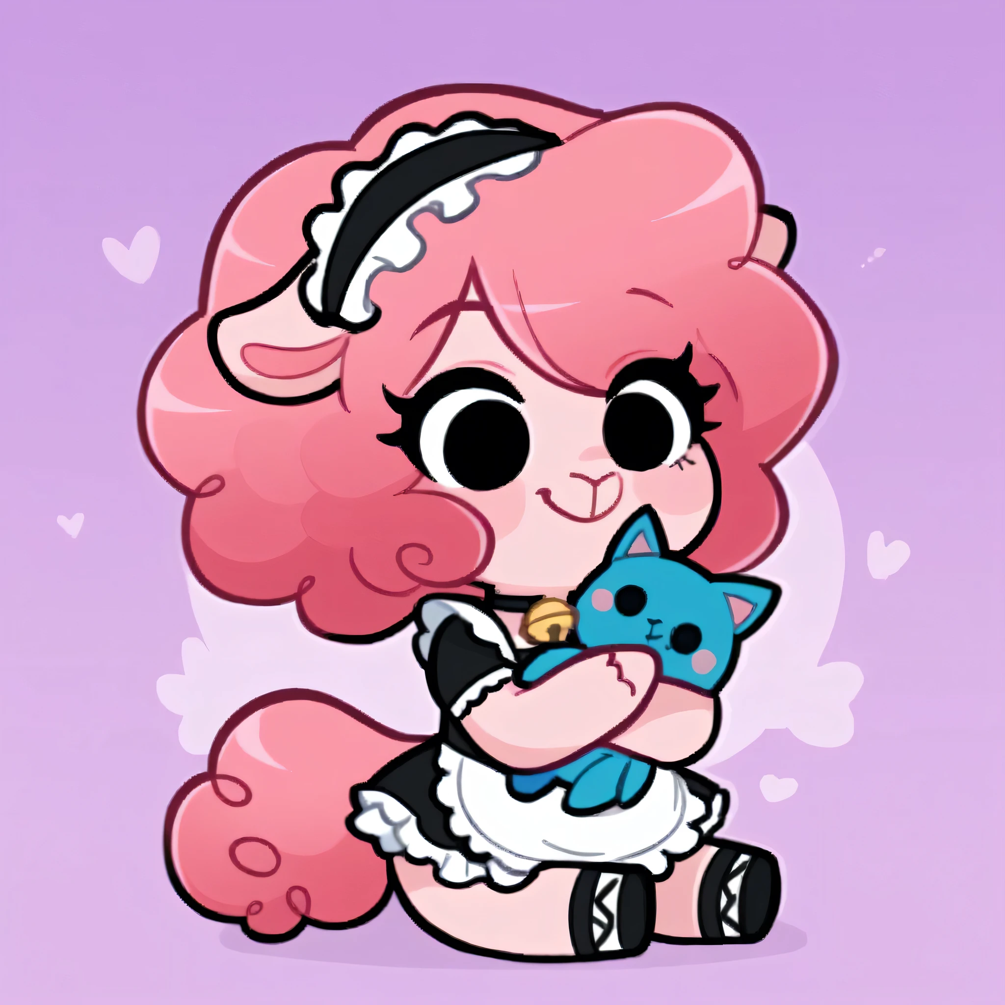 better quality, very detailed illustration ( Anthropomorphic furry sheep:1,7) , femboy, ruffled voluminous bouncy hair , delgado, chibi body, simple drawing, Artifyber style , pastel flat colors , beautiful, cartoon ,solo,baker, short curly pink hair, maid clothes, frilly apron, a smile, fluffy curly tail, sheep ears, bell collar, ram horns, cute, hugging plushie