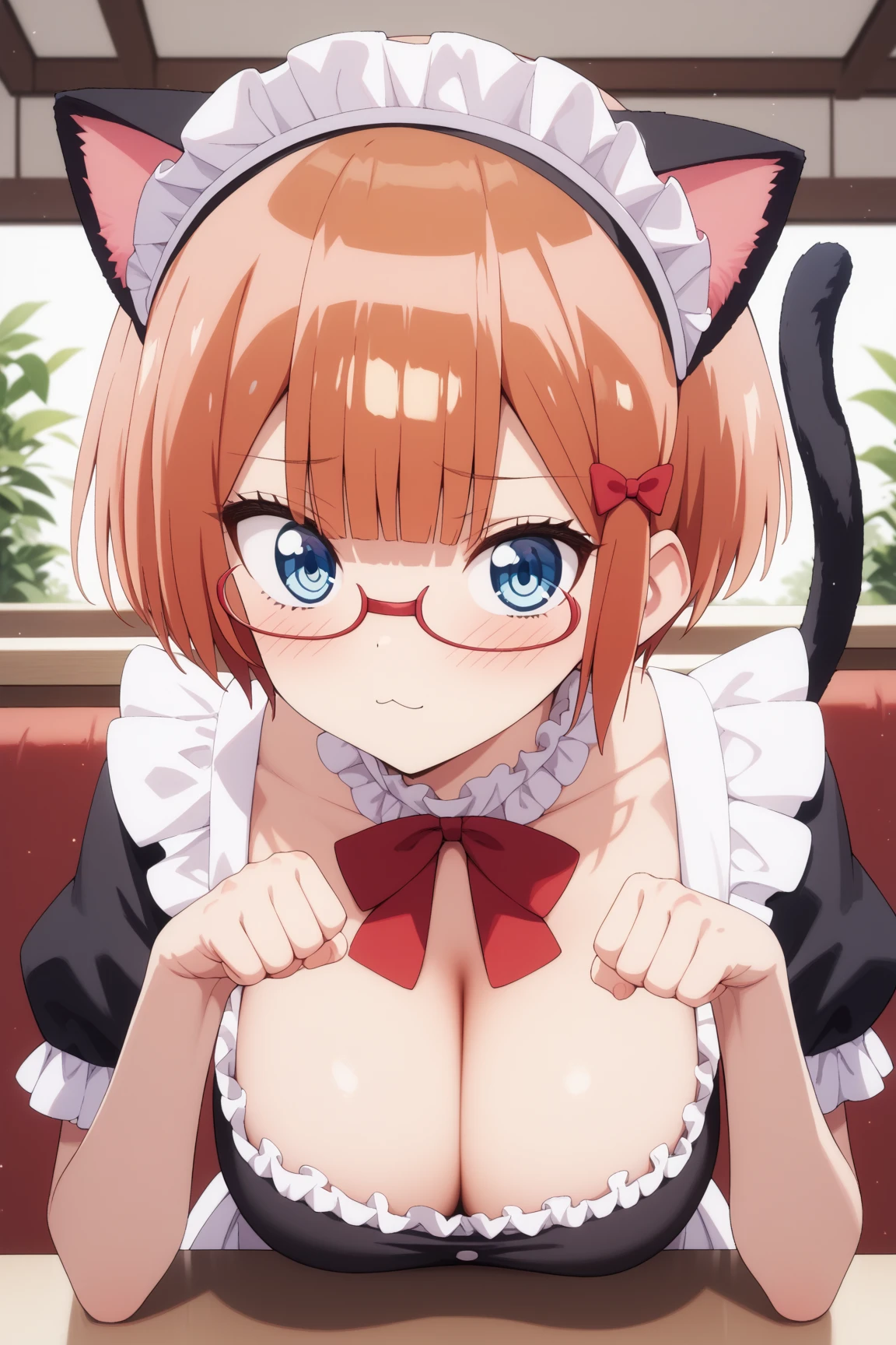 score_9, score_8_up, score_7_up, source_anime, 1girl, orange hair, orange eyes, low ponytail, cat ears, small breasts, eyeglasses, micro bikini maid, headdress, blouse, skirt, apron, areola, (anxious:0.6), fellatio, fat man, penis, pov, from above, private room, mansion,