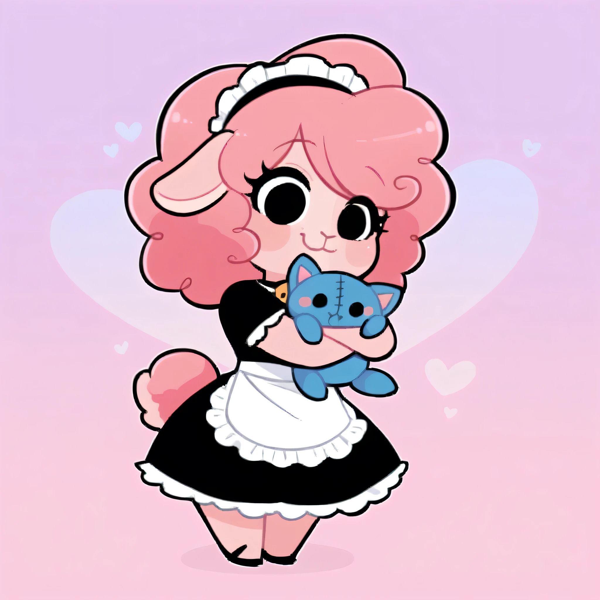 better quality, very detailed illustration ( Anthropomorphic furry sheep:1,7) , femboy, ruffled voluminous bouncy hair , delgado, chibi body, simple drawing, Artifyber style , pastel flat colors , beautiful, cartoon ,solo,baker, short curly pink hair, maid clothes, frilly apron, a smile, fluffy curly tail, sheep ears, bell collar, ram horns, cute, hugging plushie